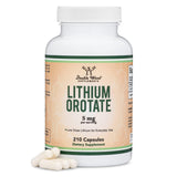 Double Wood Supplements Lithium Orotate cápsulas en frasco para descanso y enfoque.