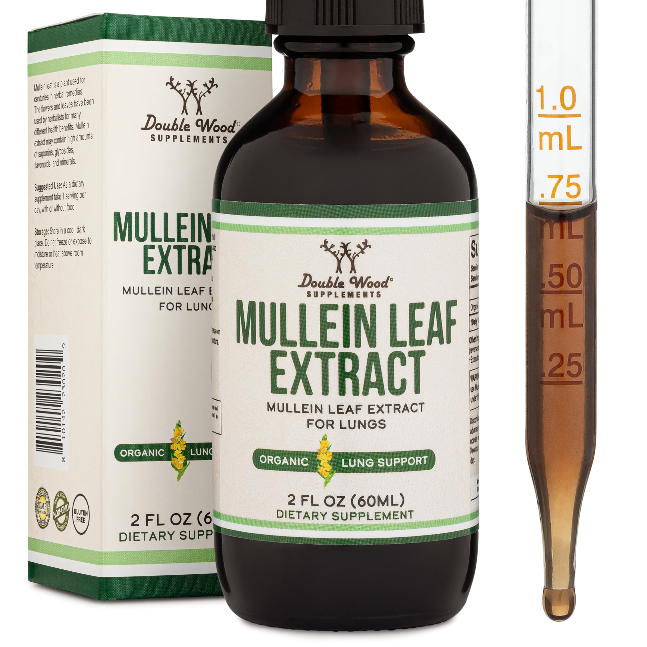 Double Wood Supplements Mullein Leaf Drops: botella lista para uso diario.