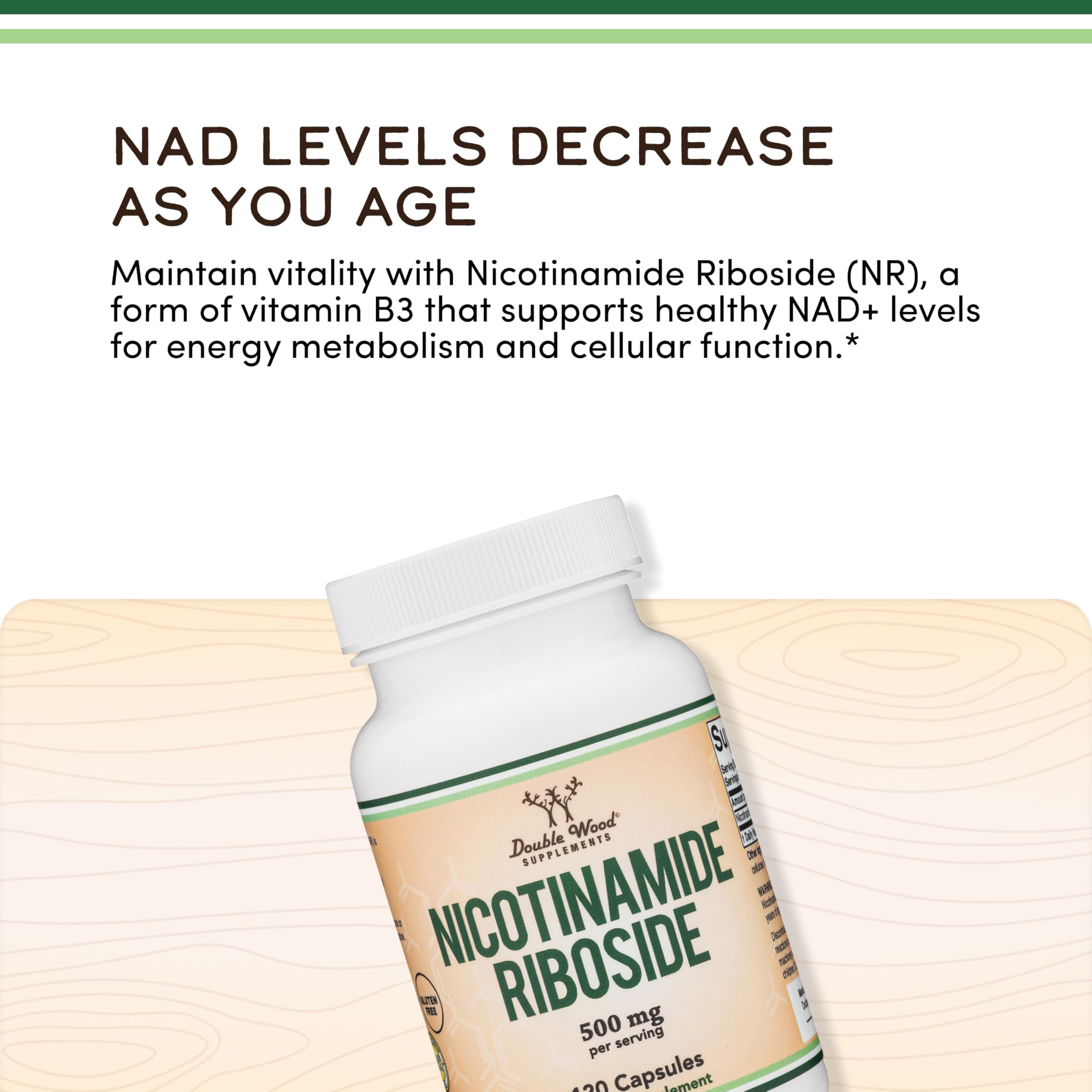 Nicotinamide Riboside de Double Wood, caja de empaque, presentación clara para compra informada