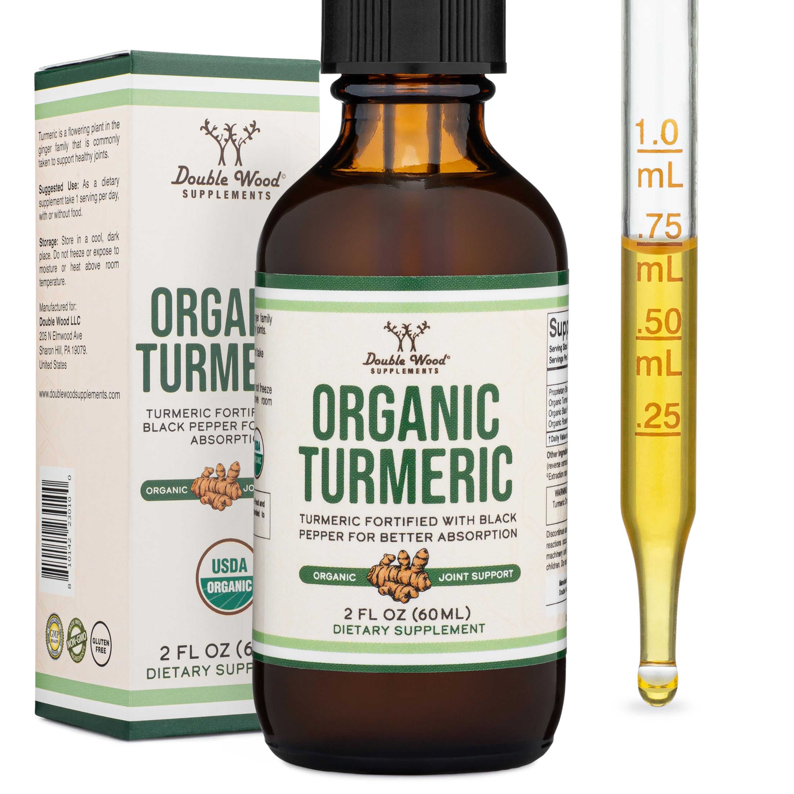 Double Wood Turmeric Drops: botella para uso diario y posible apoyo a articulaciones.