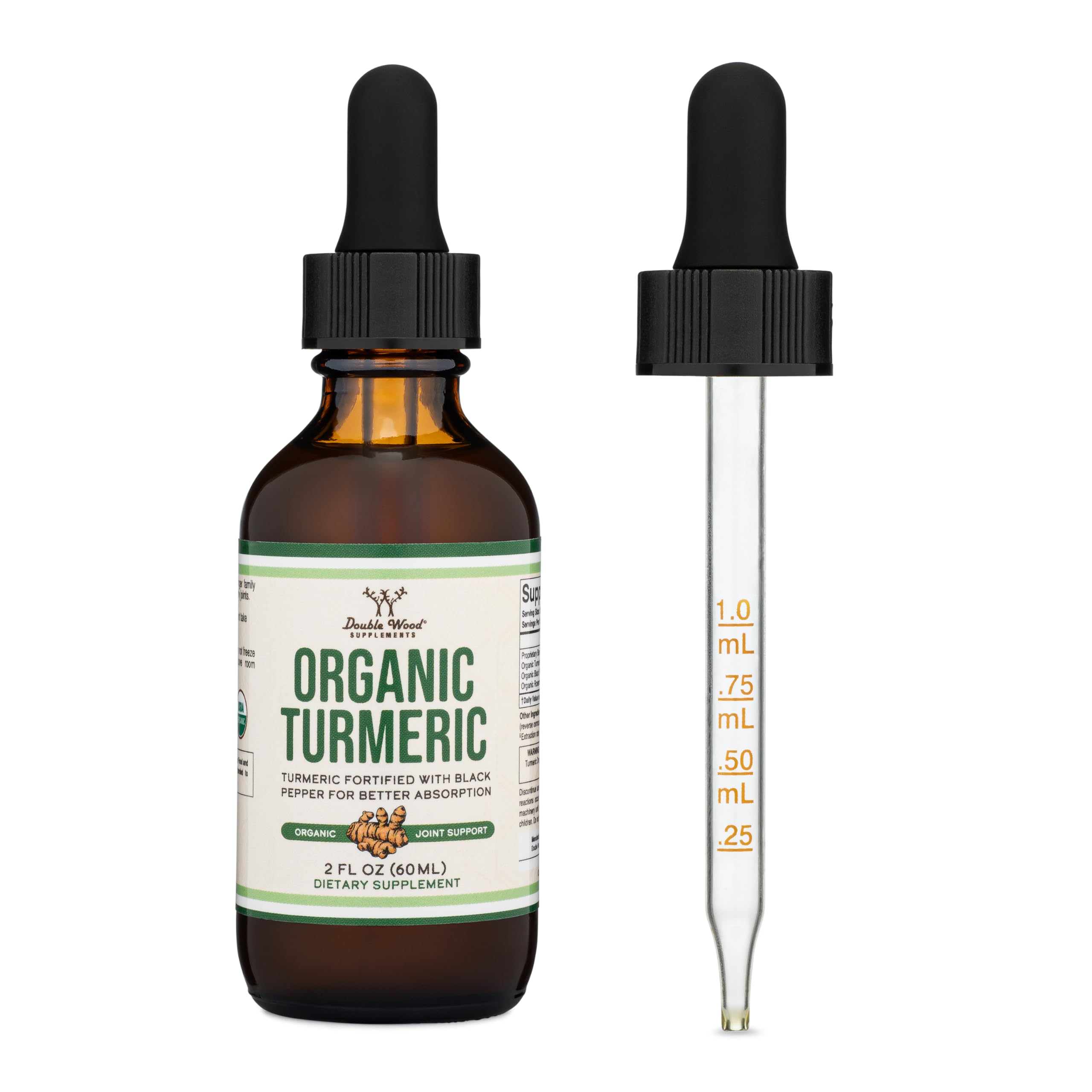 Double Wood Turmeric Drops: etiqueta orgánica y opción vegana.