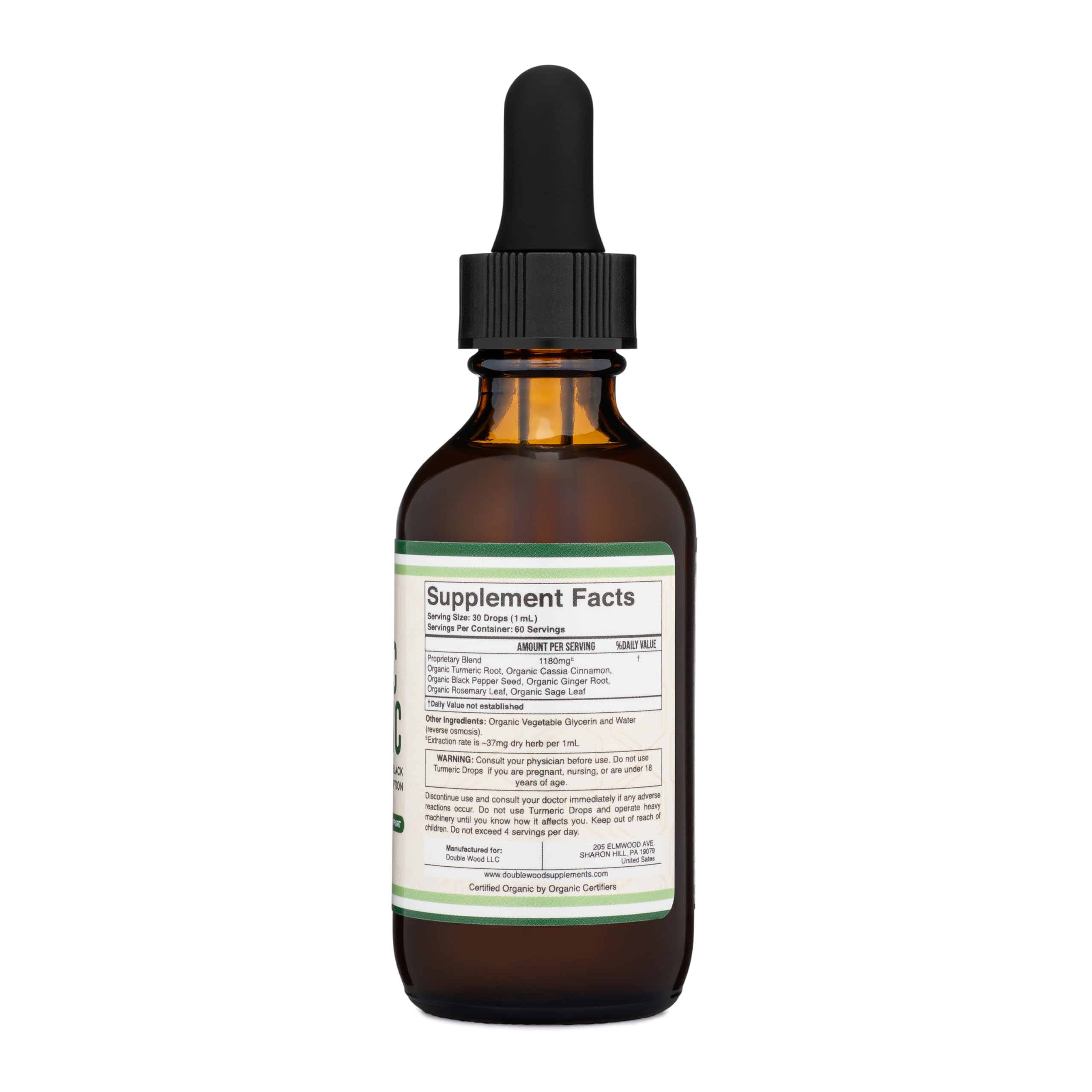 Double Wood Turmeric Drops: pimienta negra para mejor absorción.
