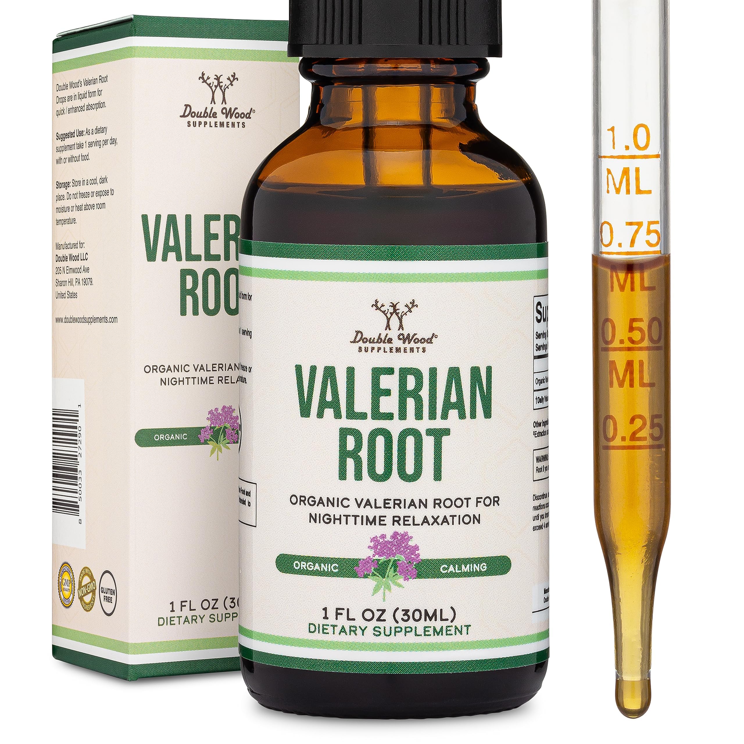 Botella de Double Wood Valeriana en gotas para relajación rápida.