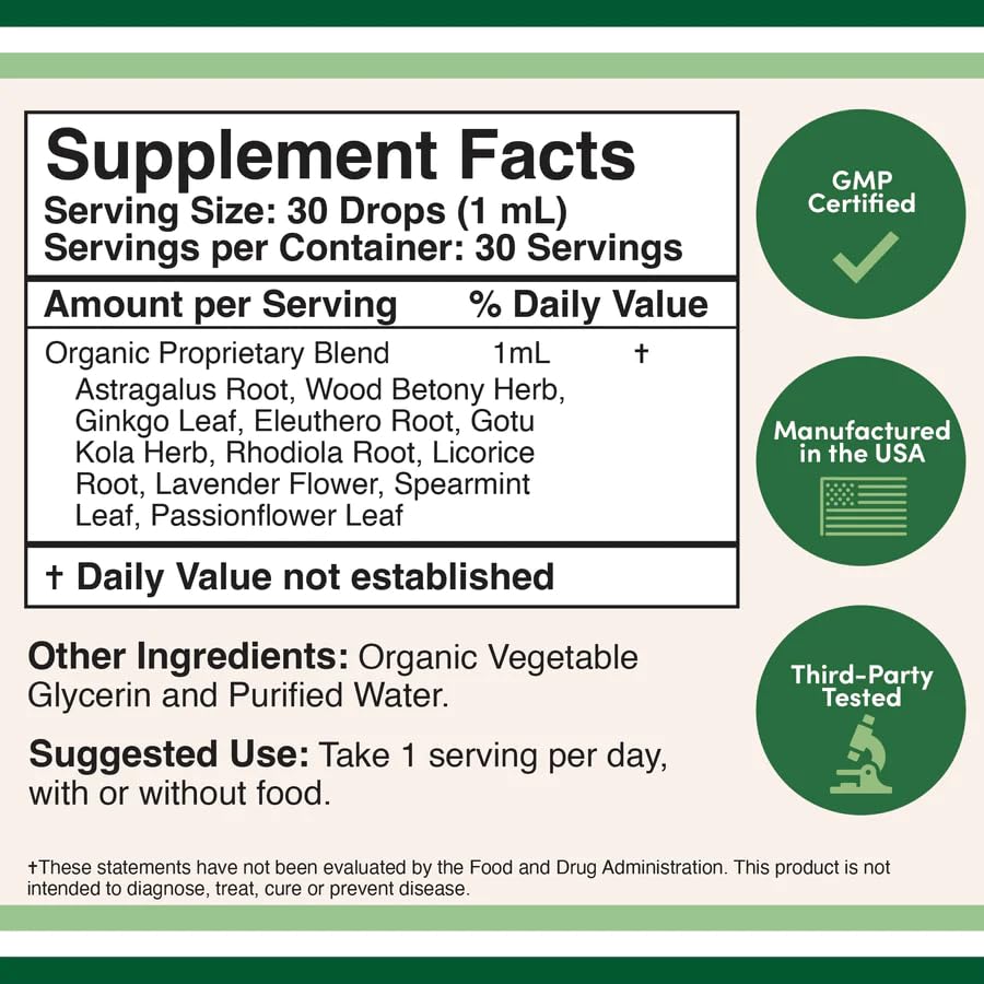 Double Wood gotas adrenal: combinación de 10 adaptógenos, muestra de ingredientes para apoyo a la energía.