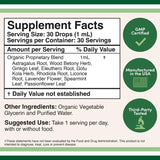 Double Wood gotas adrenal: combinación de 10 adaptógenos, muestra de ingredientes para apoyo a la energía.