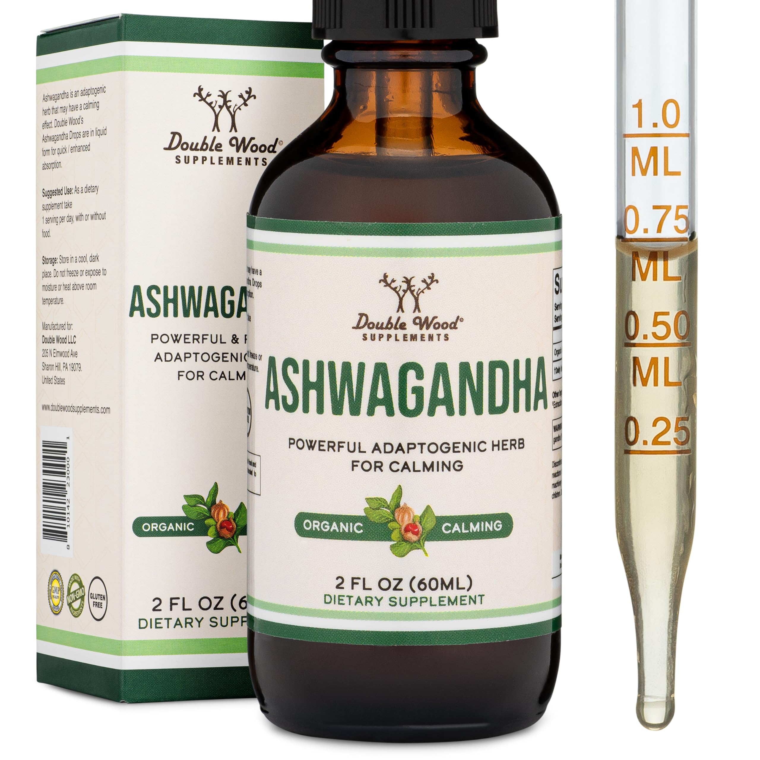Double Wood Ashwagandha Drops botella con gotero para uso diario