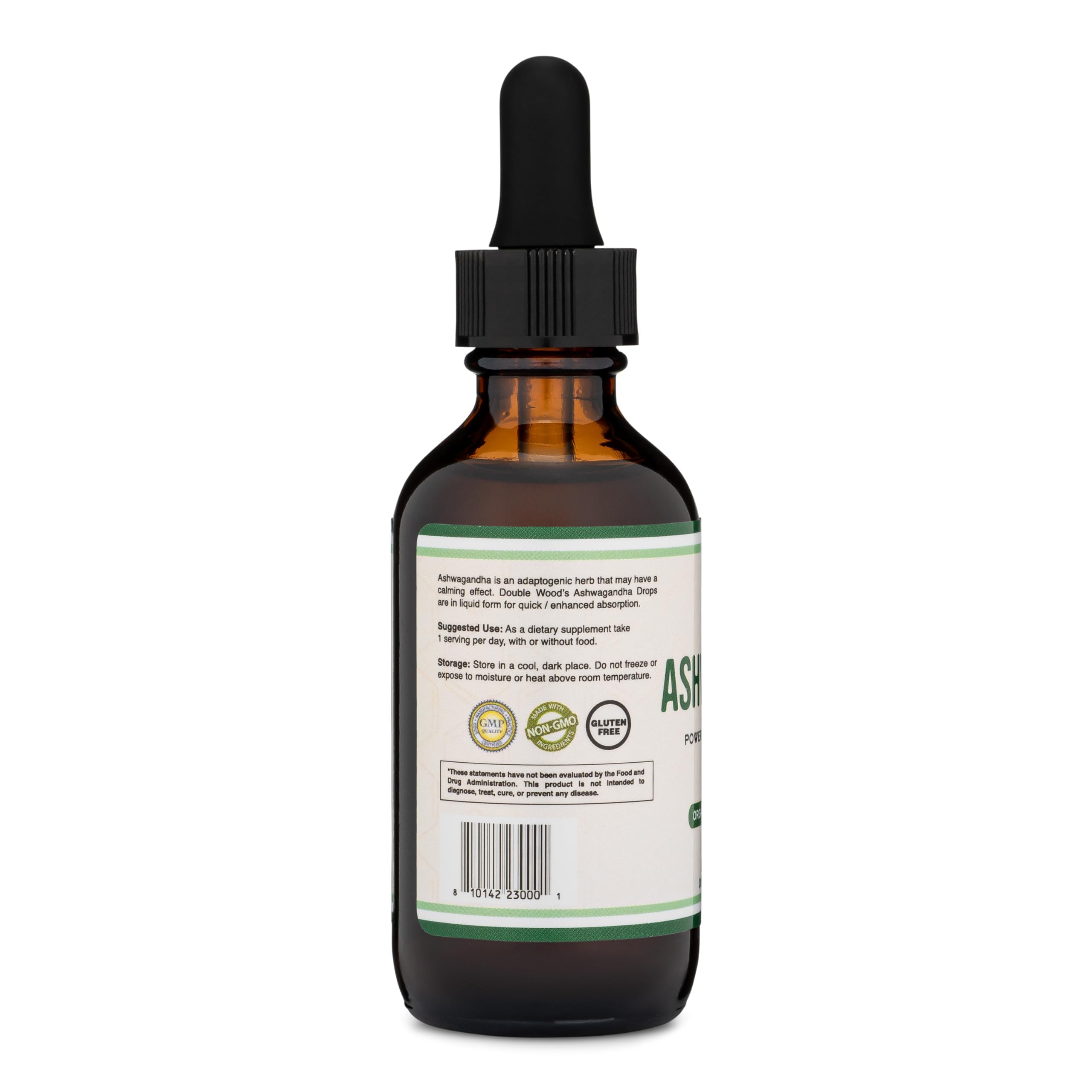 Double Wood Ashwagandha Drops empaque muestra origen de ingredientes globales