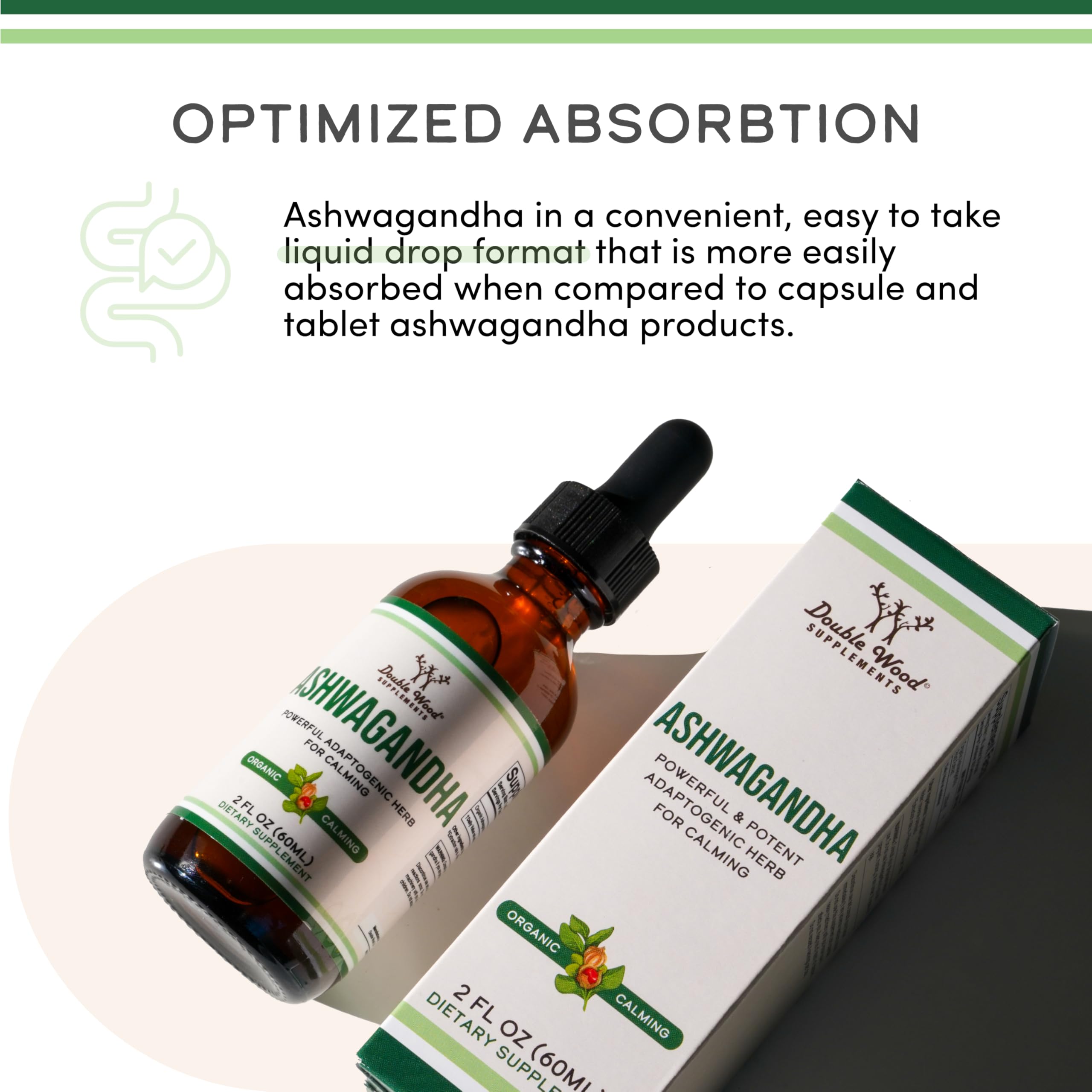 Double Wood Ashwagandha Drops etiqueta vegana destaca seguridad alimentaria