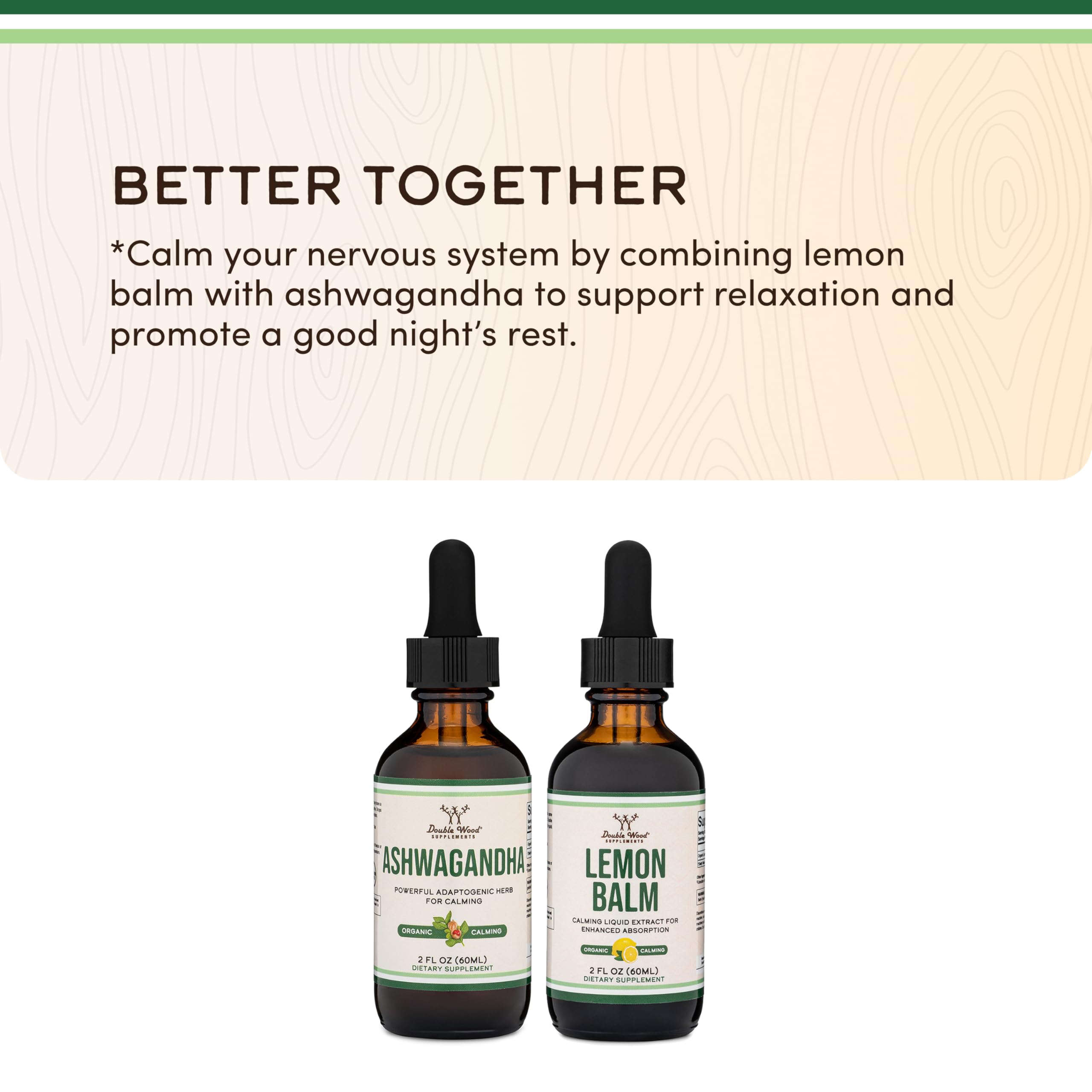 Double Wood Ashwagandha Drops frasco transparente permite ver la dosis