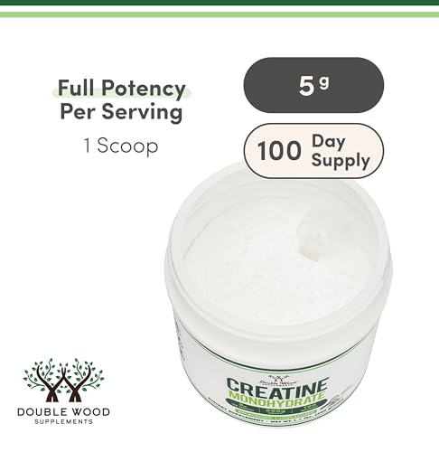 Double Wood Creatine Monohydrate, cuchara de medición mostrando 5 g por dosis