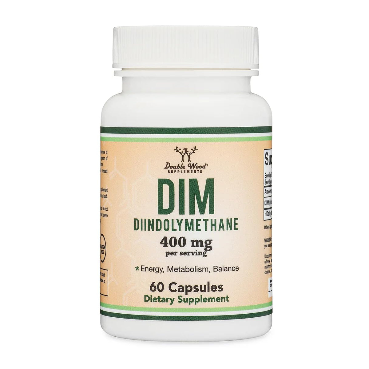Double Wood DIM frasco de cápsulas para apoyo hormonal potencial.