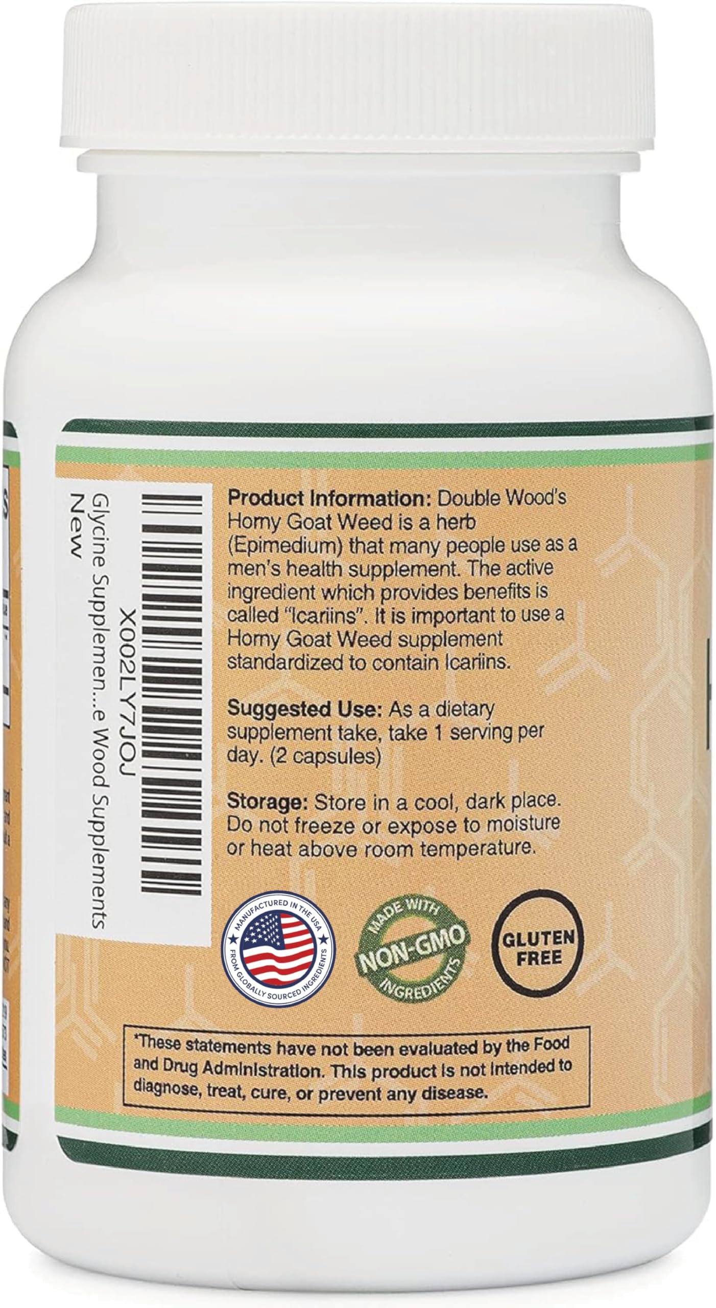 Double Wood Epimedio: panel de información resalta ingredientes y beneficios posibles.
