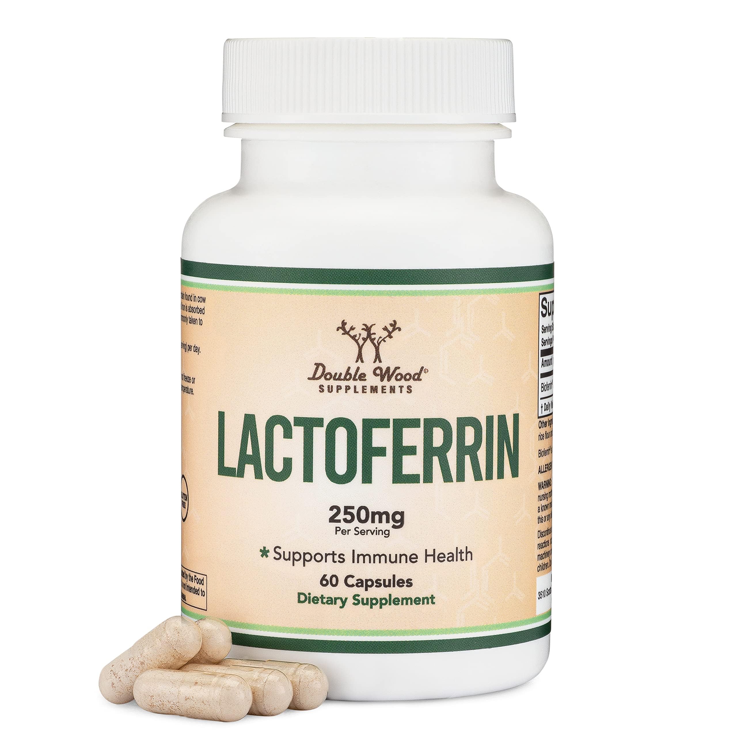 Double Wood Lactoferrin 250mg, botella en primer plano, posible apoyo a la absorción de hierro.