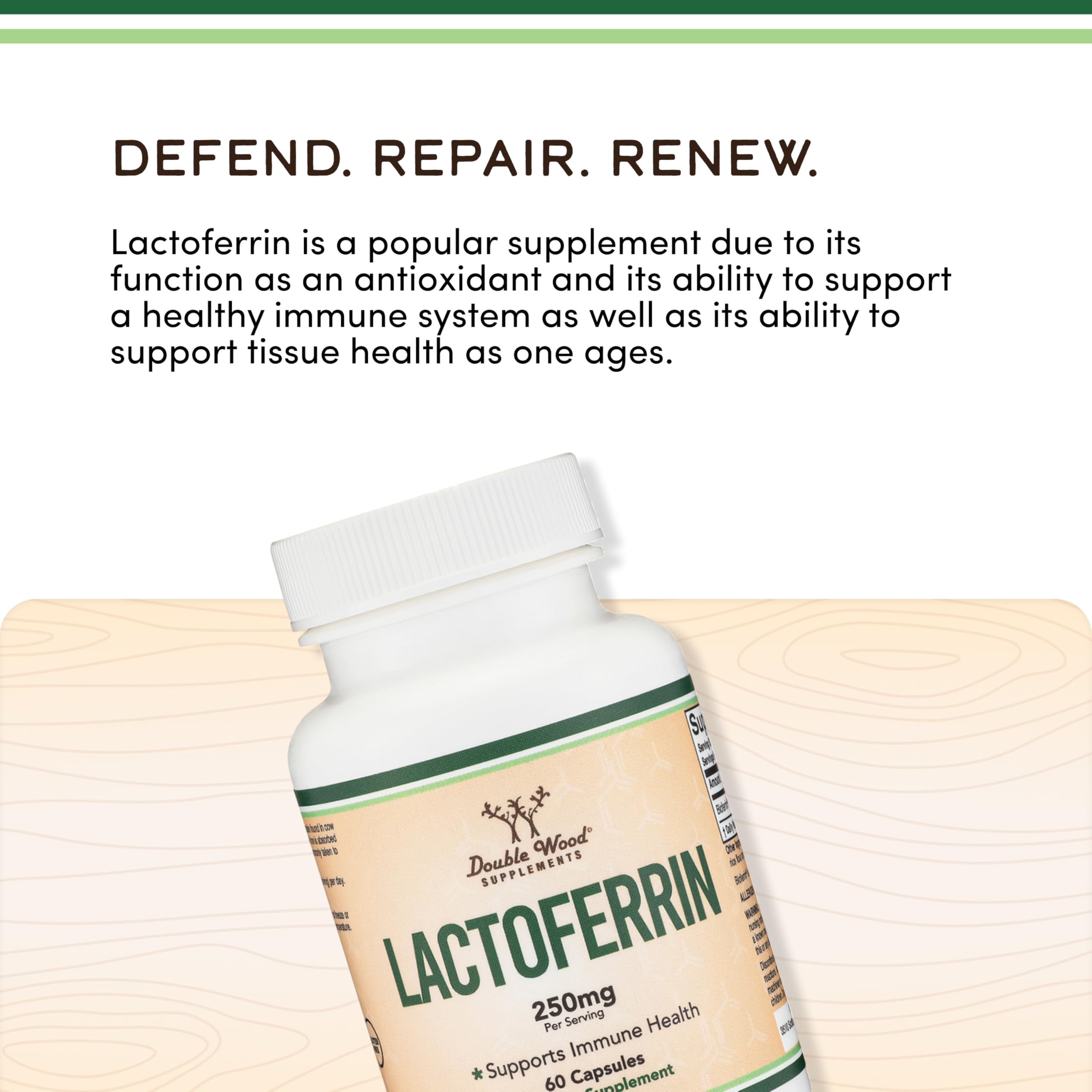 Double Wood Lactoferrin 250mg, caja visible, empaque seguro y bien elaborado.