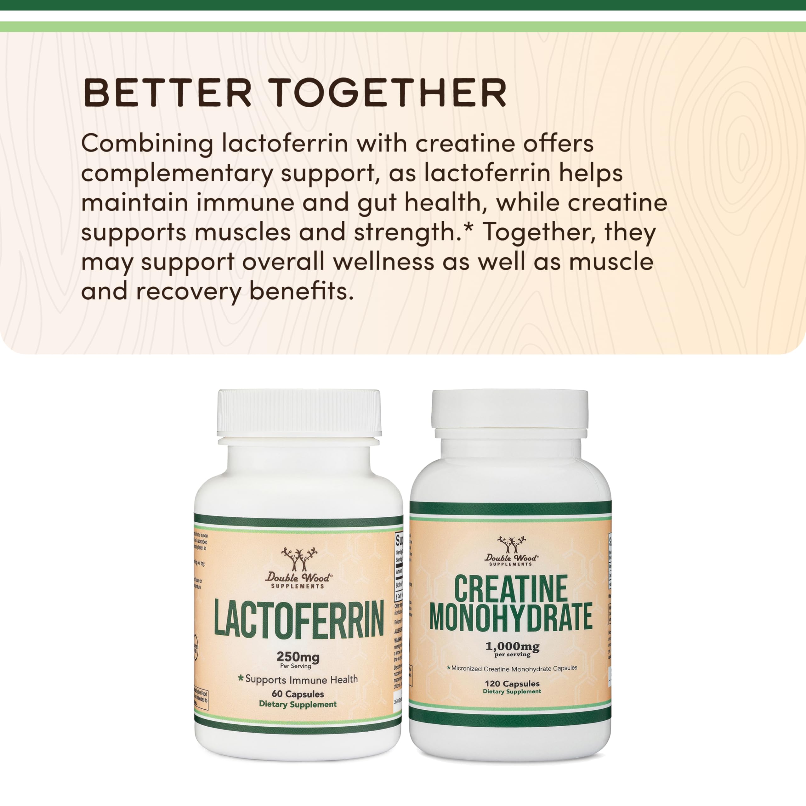 Double Wood Lactoferrin 250mg, cápsulas en mano, consumo diario recomendado para absorción suave.