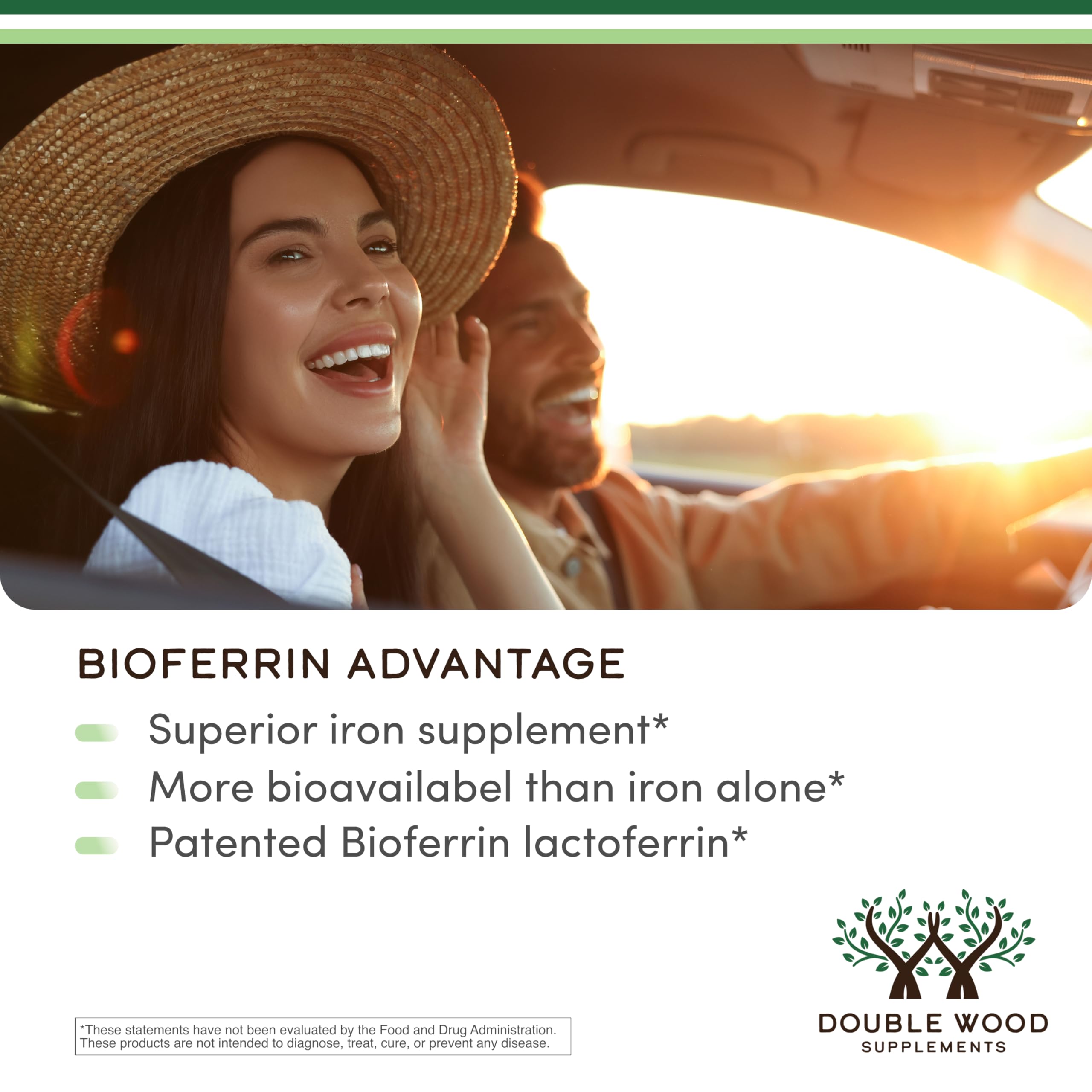 Double Wood Lactoferrin 250mg, cápsulas visibles para consumo diario potencial de hierro.