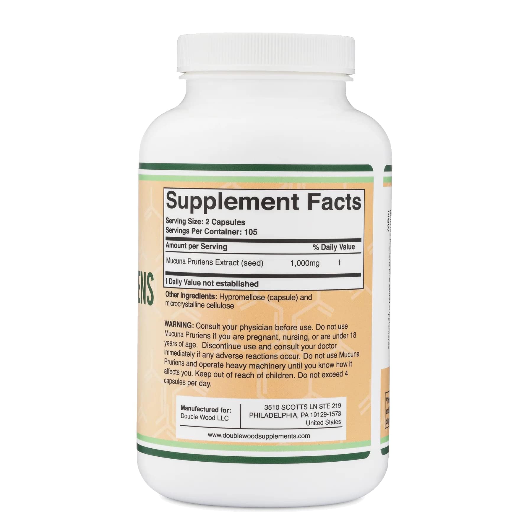 Double Wood Mucuna Pruriens: cápsulas en mano para fácil uso diario.