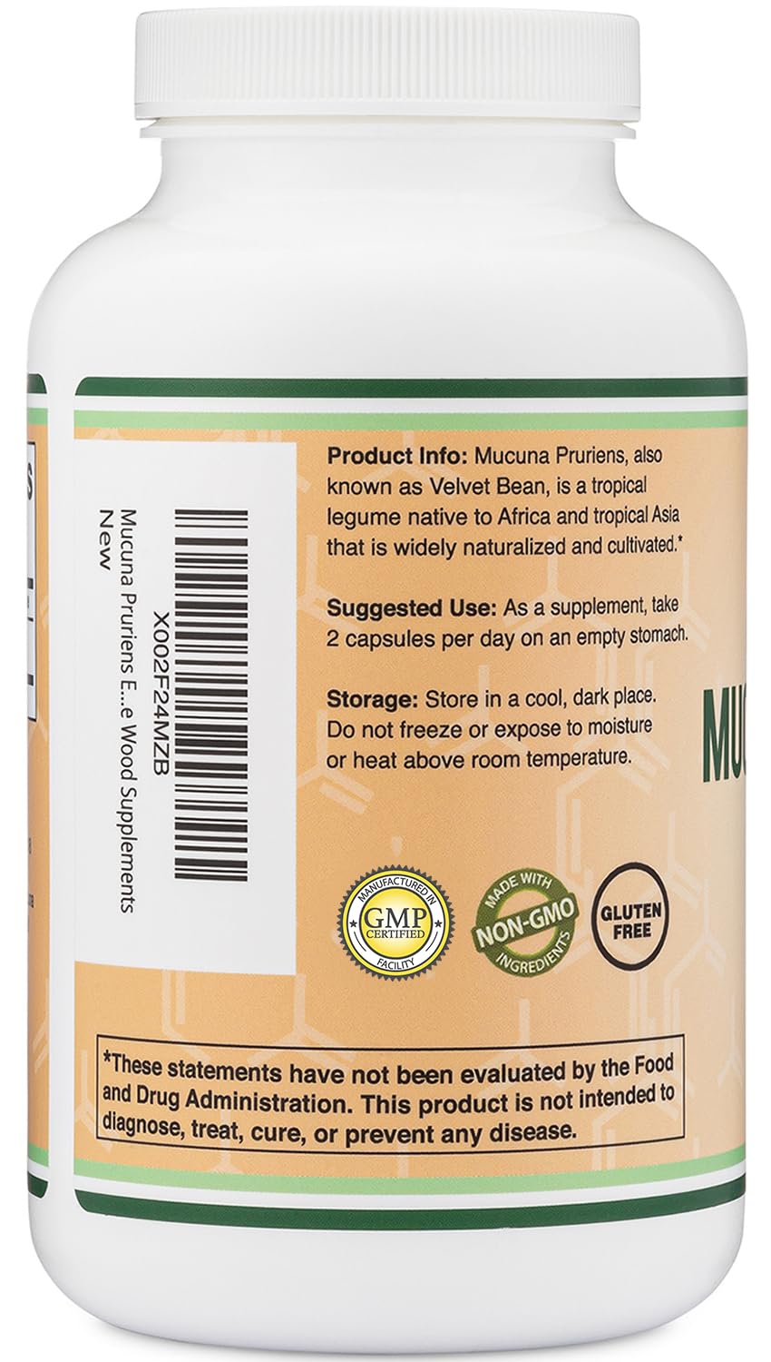 Double Wood Mucuna Pruriens: etiqueta clara con ingredientes y origen.