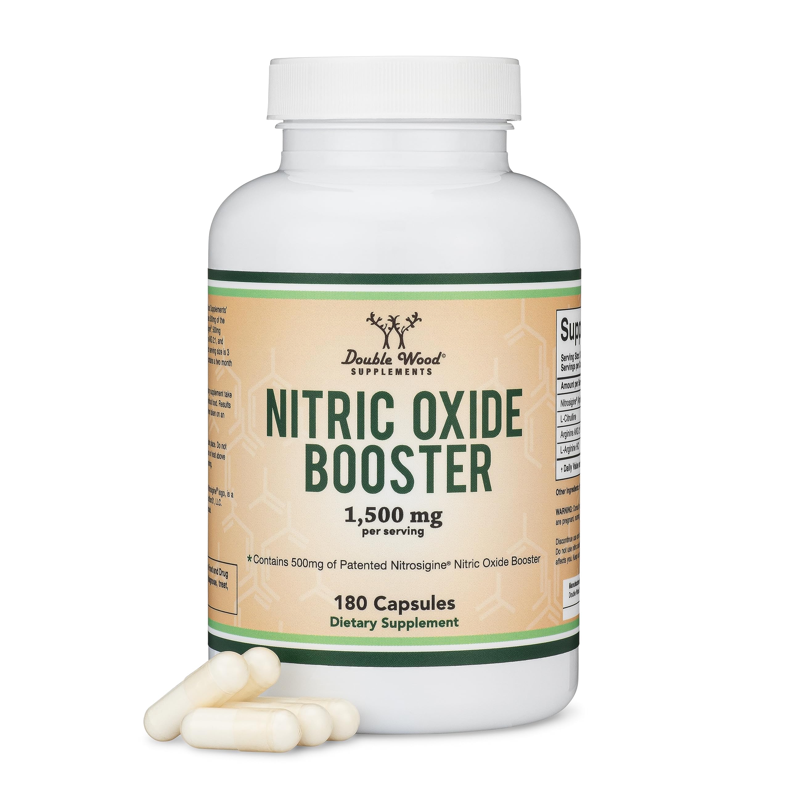 Double Wood Oxido Nitrico botella con etiqueta clara para dosis precisas durante entrenamientos
