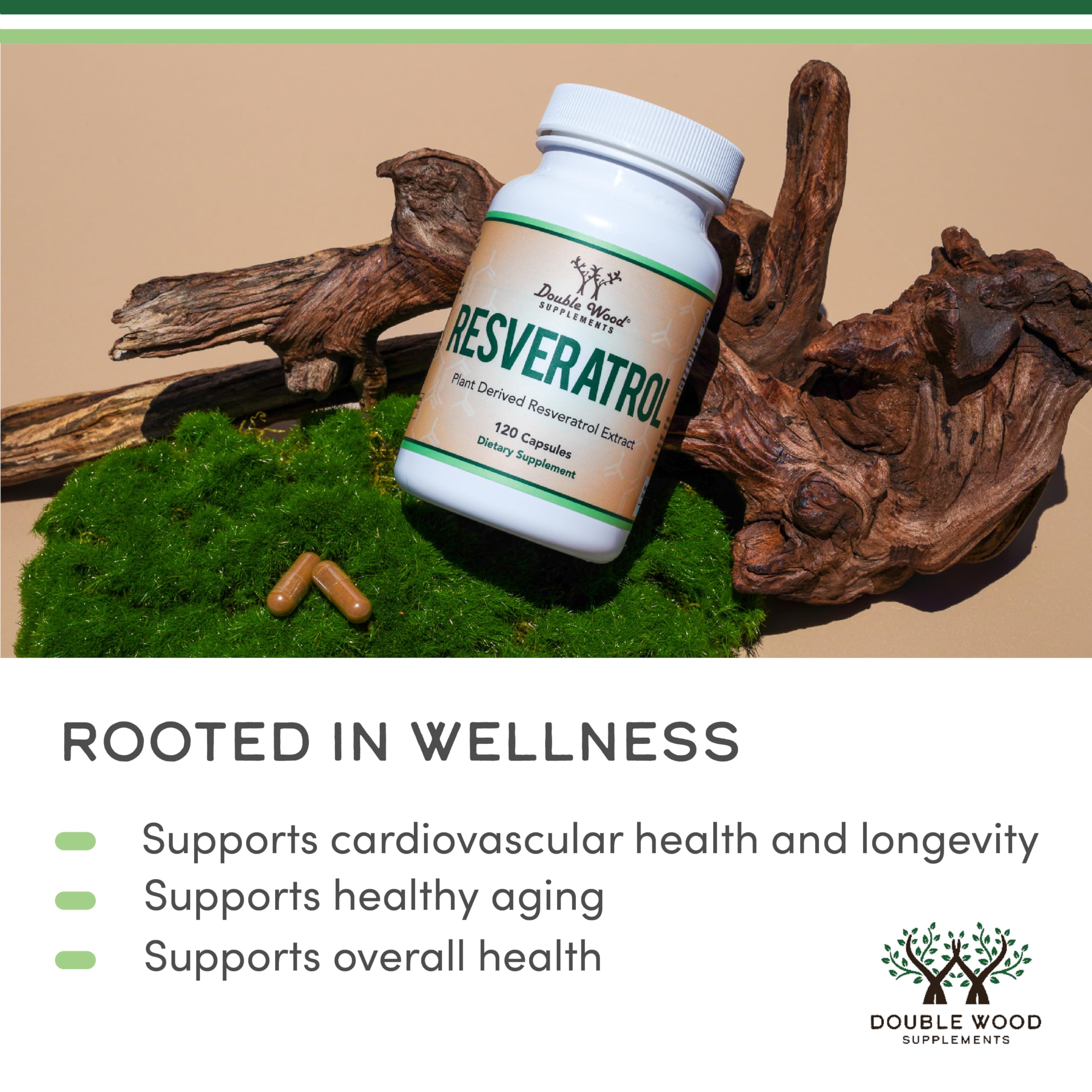 Double Wood Resveratrol, bote de 120 cápsulas, suministro de dos meses para hábitos saludables.