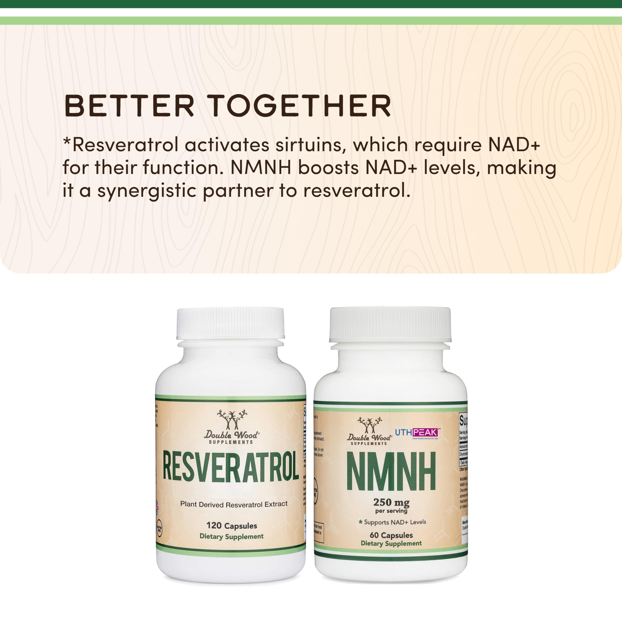 Double Wood Resveratrol, extracto de raíz de Polygonum para apoyo antioxidante suave.