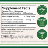 Double Wood Sulforafane, cápsulas mostradas, dosis de 20 mg por porción
