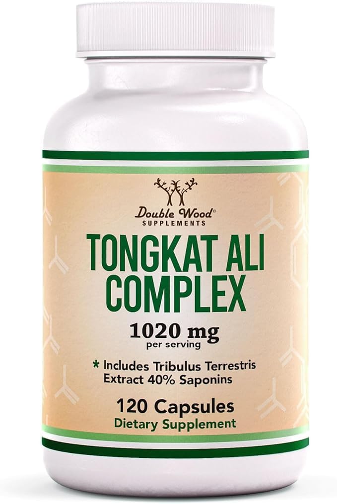 Double Wood Tongkat Ali Extracto: frasco con cápsulas de alta potencia para rendimiento.