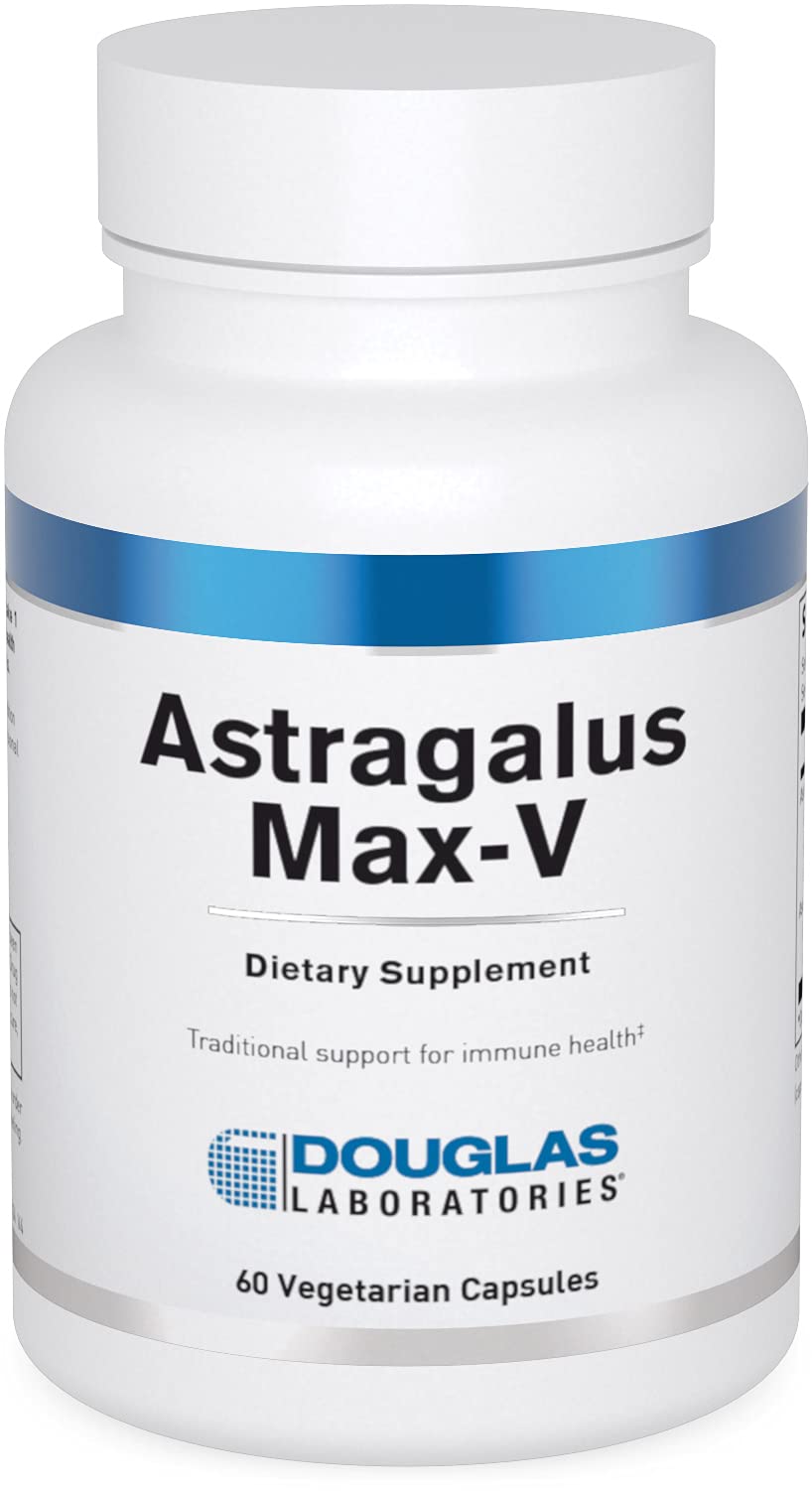 Cápsulas Astragalus Max-V de Douglas Laboratories, posible apoyo al sistema inmunitario.