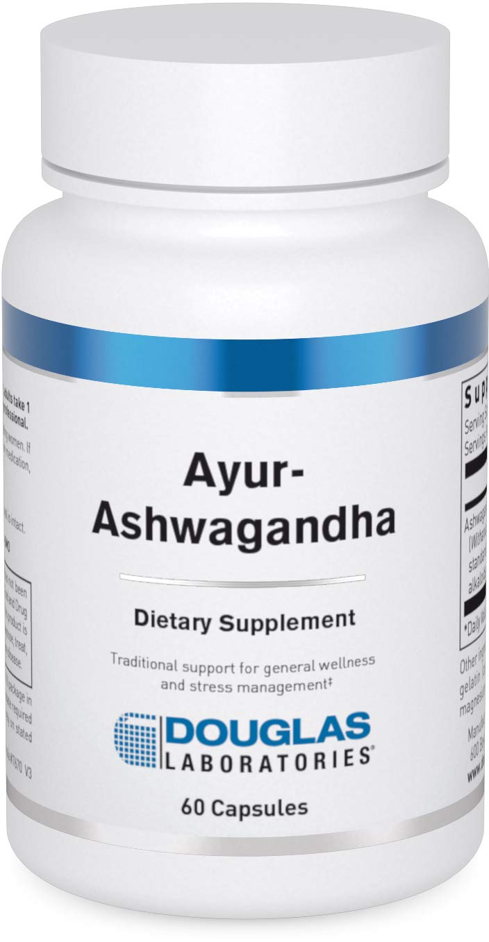 Douglas Laboratories Ayur-Ashwaganda envase de cápsulas para energía diaria.