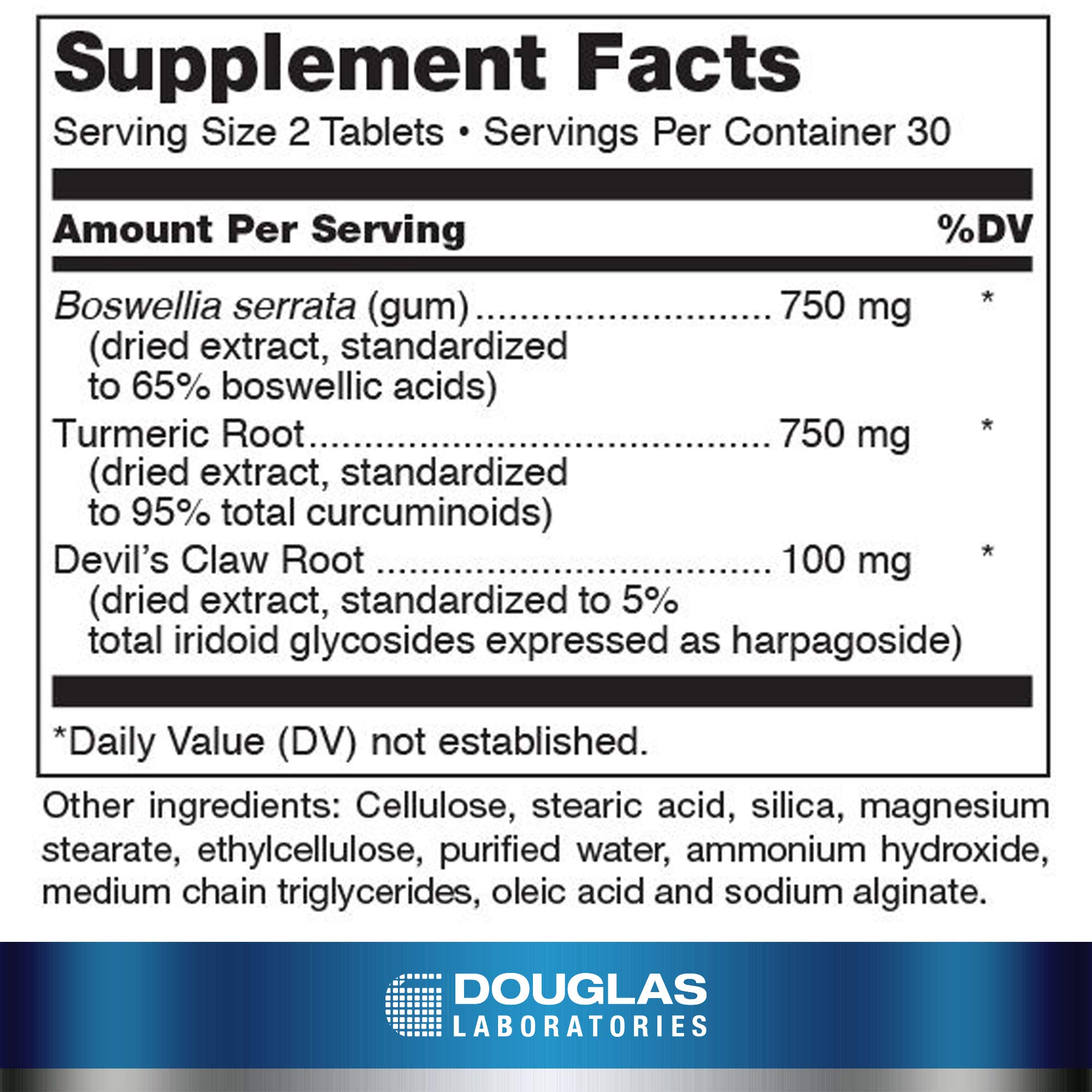 Douglas Laboratories Boswellia-Turmeric Complex, botella trasera, apoyo para articulaciones durante el día.