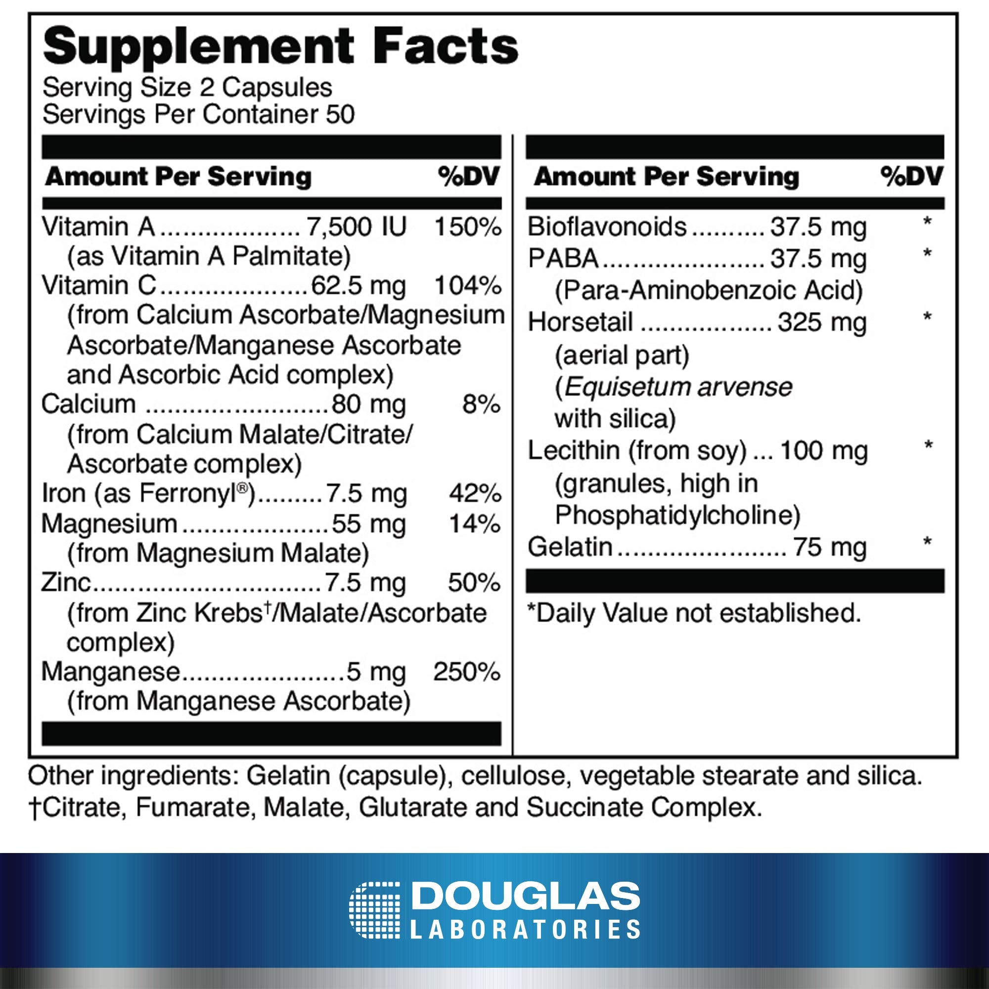 Etiqueta frontal de Douglas Laboratories Cabello, Piel y Uñas Más con lista de nutrientes