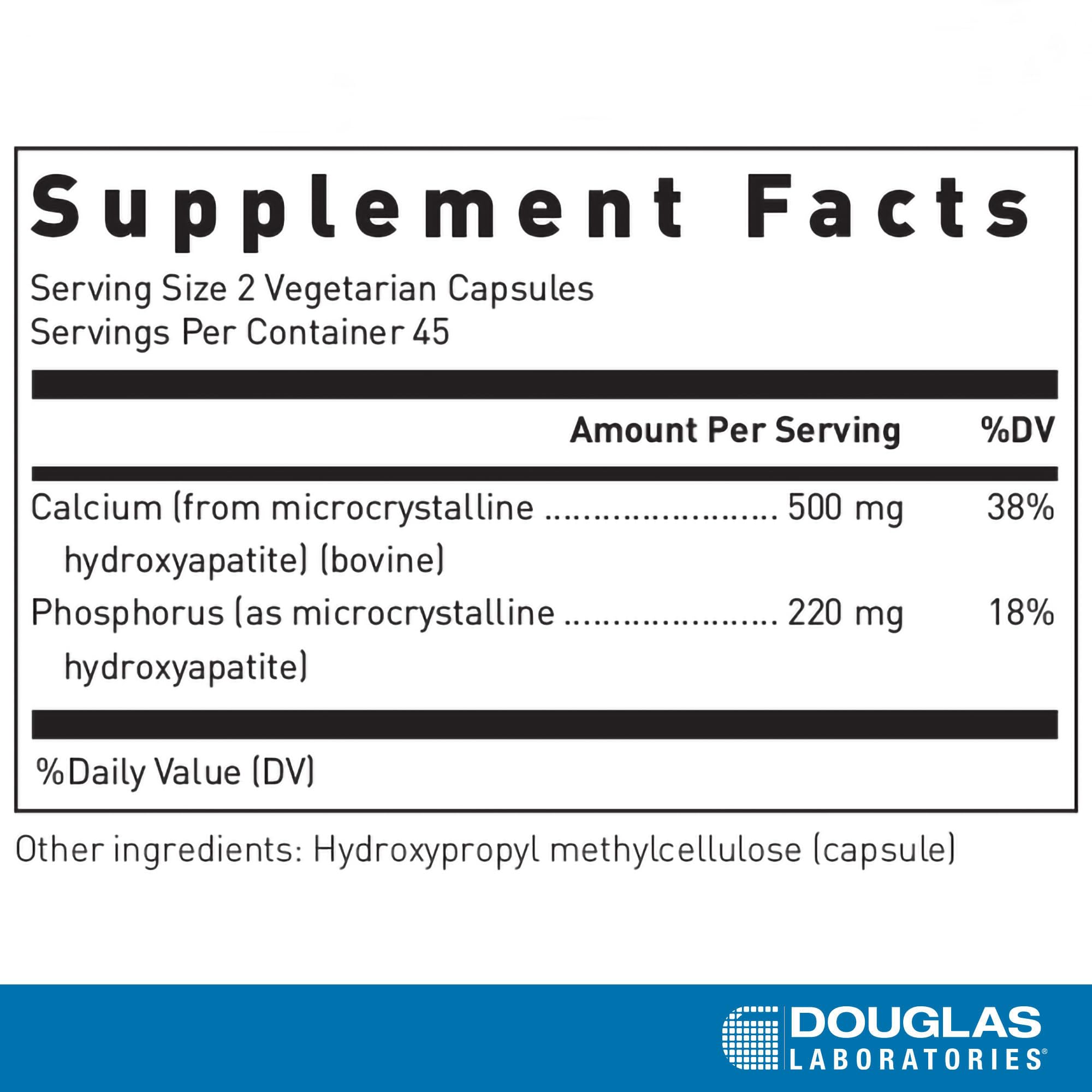 Douglas Laboratories calcio microcristalina hidroxiapatita, etiqueta del producto, destaca micronutrientes clave para huesos.