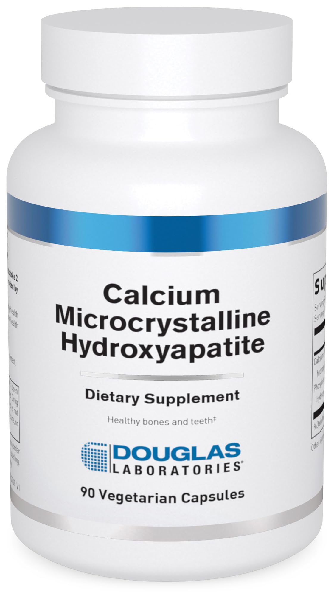 Douglas Laboratories calcio microcristalina hidroxiapatita, frasco de capsulas, apoya la salud ósea y dental.