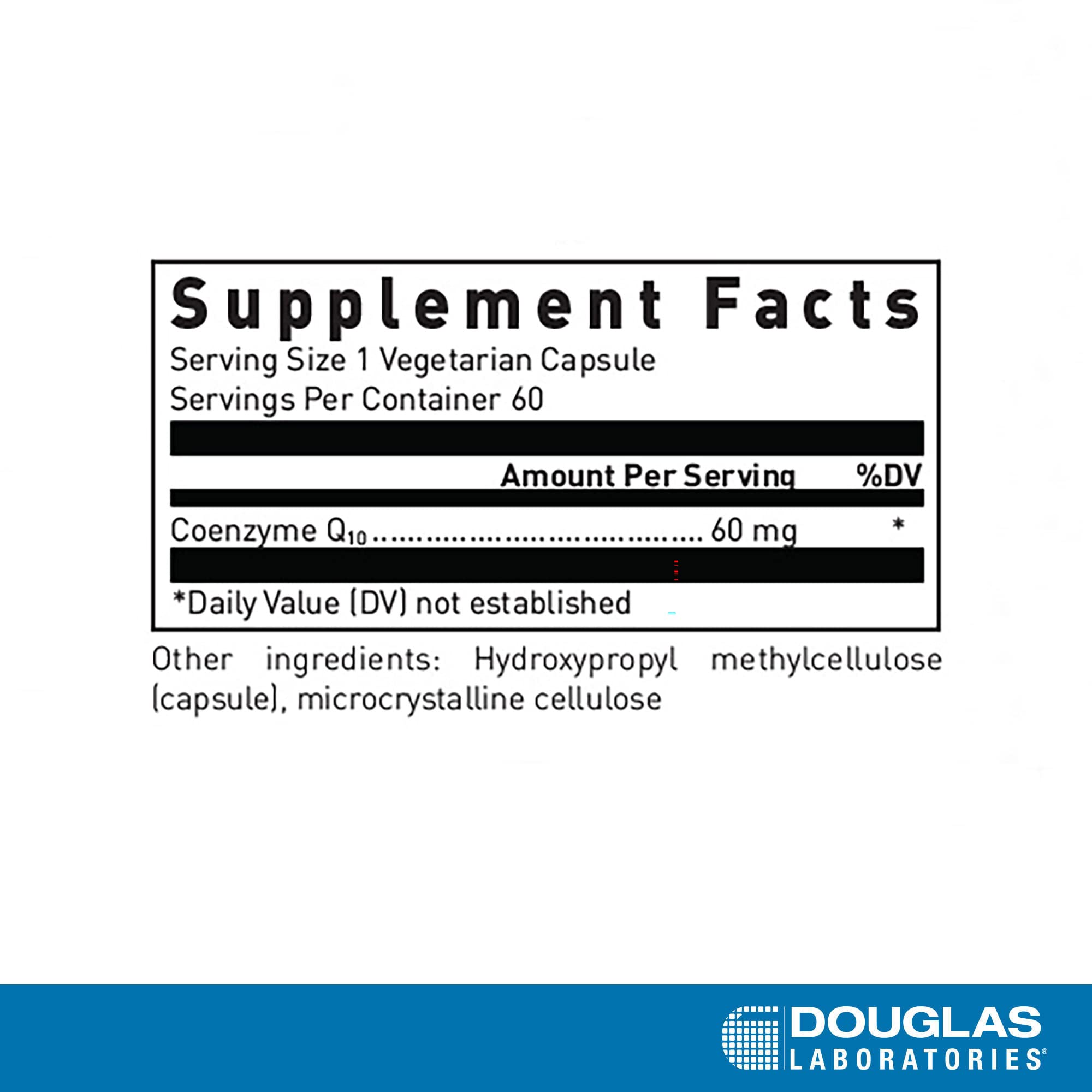 Douglas Laboratories Coenzima Q-10 60mg, etiqueta cercana, destaca antioxidantes para bienestar celular.