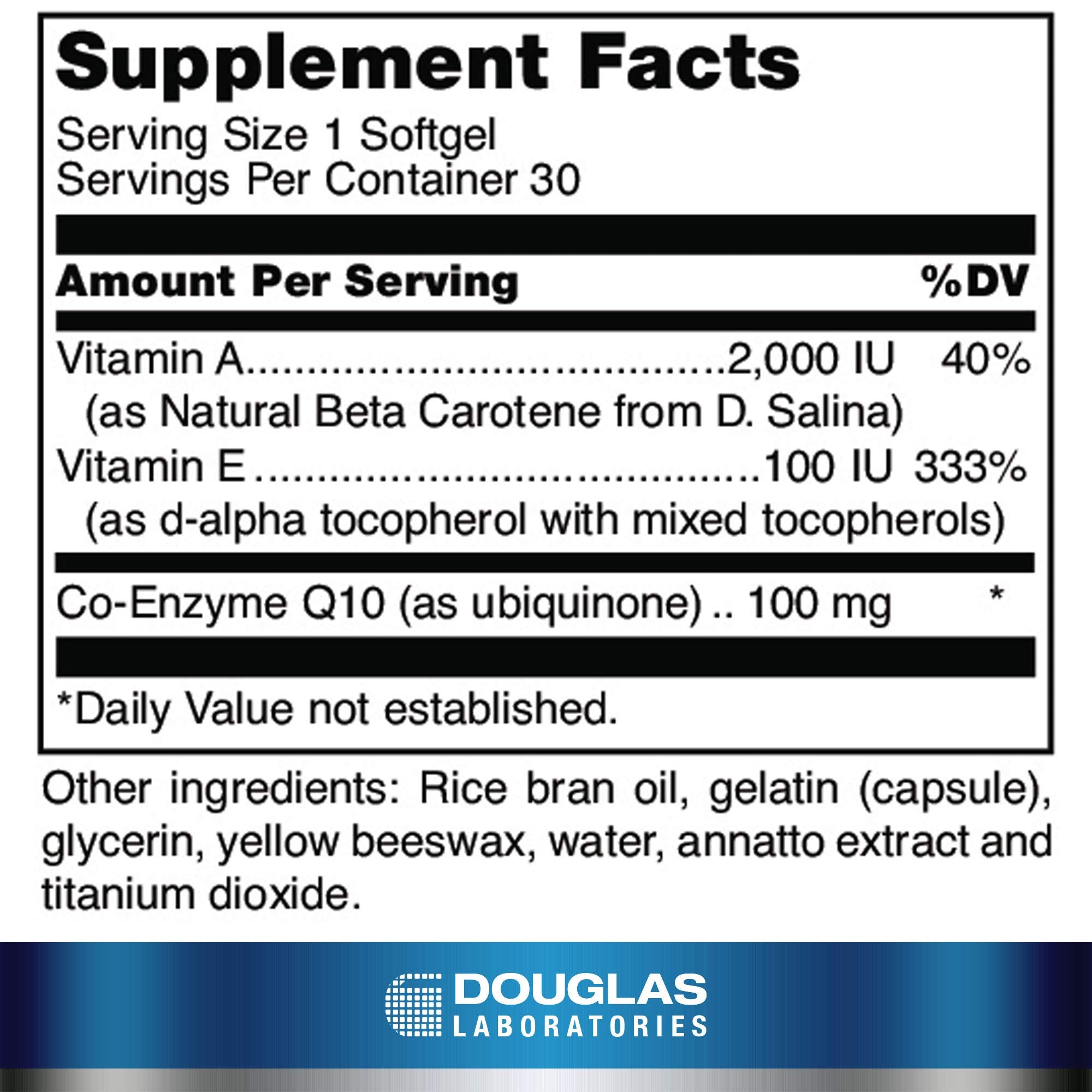 Douglas Laboratories CoQ10 Plus, etiqueta frontal, absorción mejorada con aceite de arroz y vitamina E