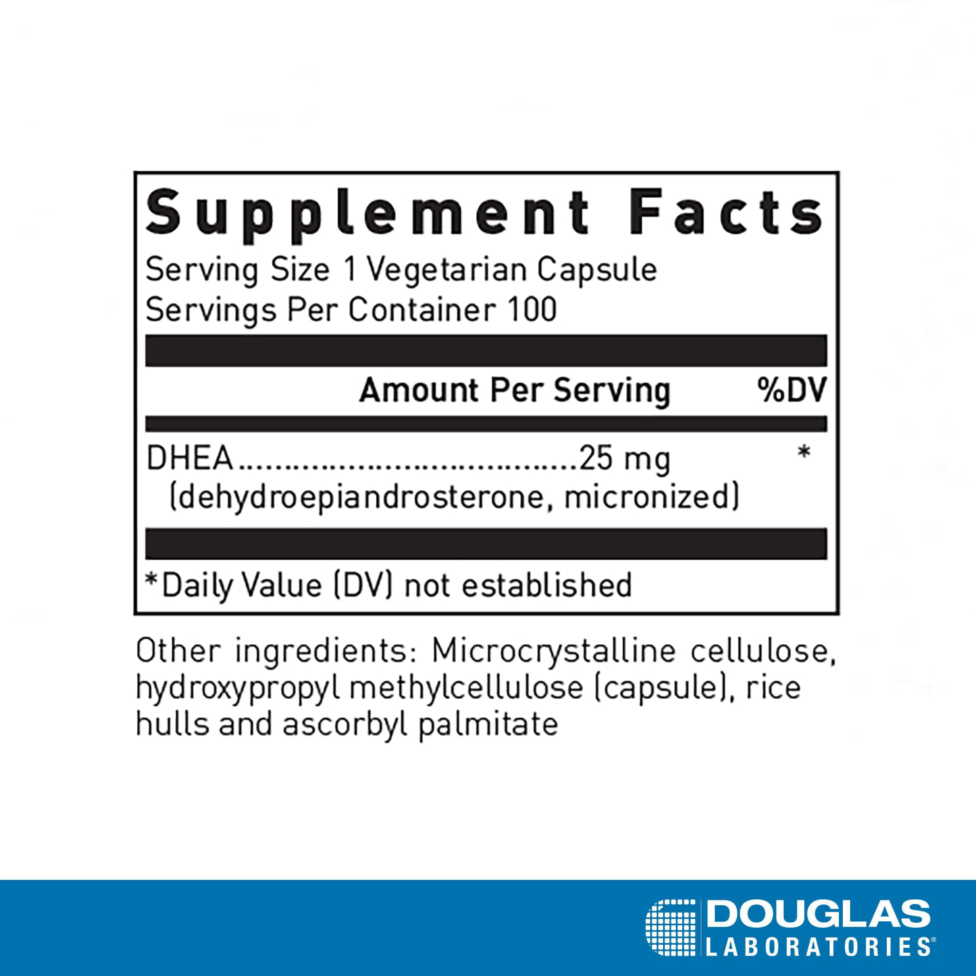 Douglas Laboratories DHEA 25 mg cápsulas con etiqueta visible y detalles de fórmula
