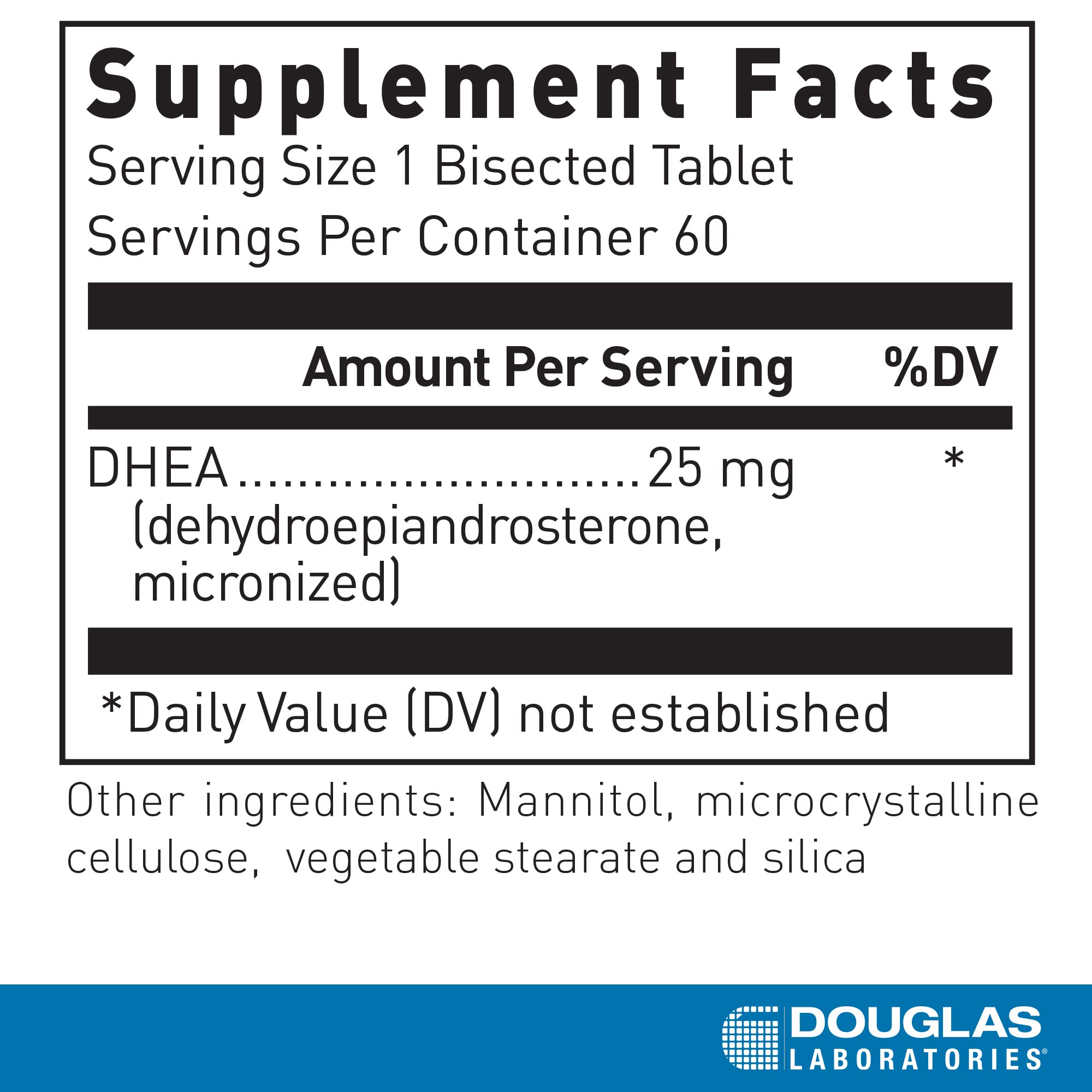 Douglas Laboratories DHEA 25 mg, detalle de tableta, disolución rápida para absorción eficiente.
