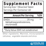 Douglas Laboratories DHEA 25 mg, detalle de tableta, disolución rápida para absorción eficiente.
