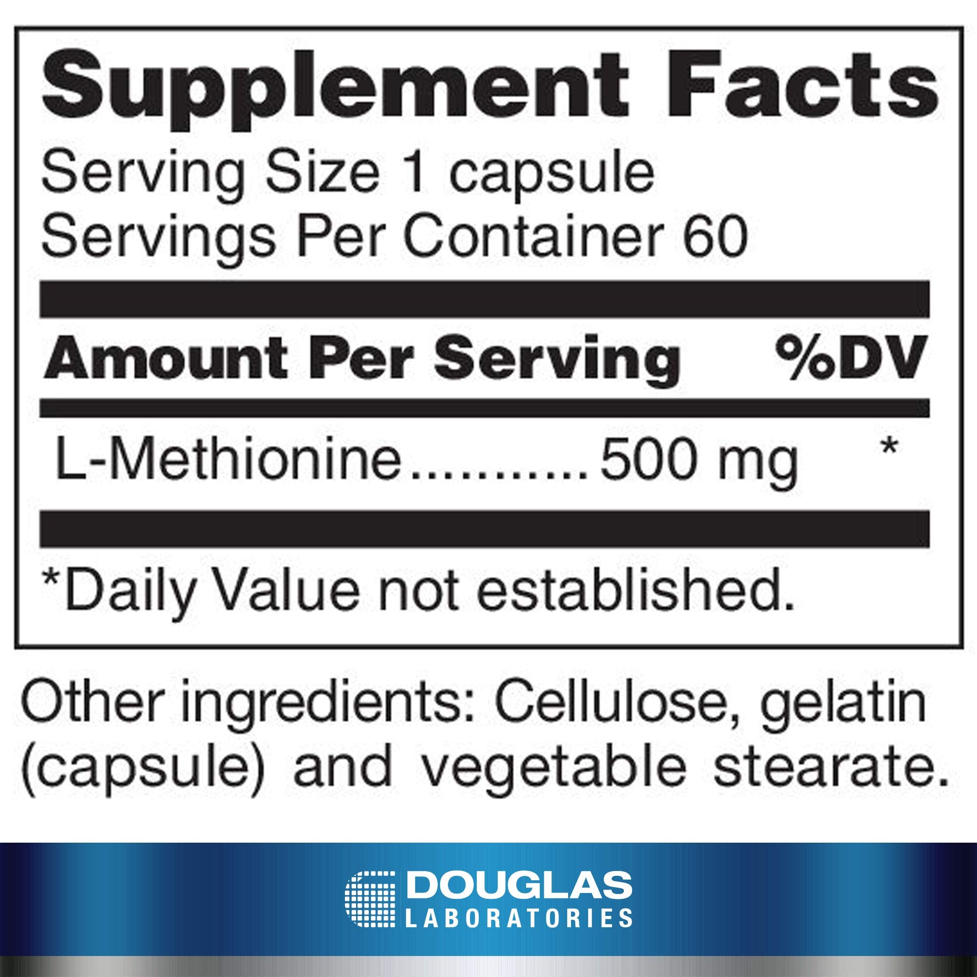 Douglas Laboratories L-Methionine, cápsulas en mano, uso diario para nutrición.