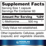 Douglas Laboratories L-Methionine, cápsulas en mano, uso diario para nutrición.