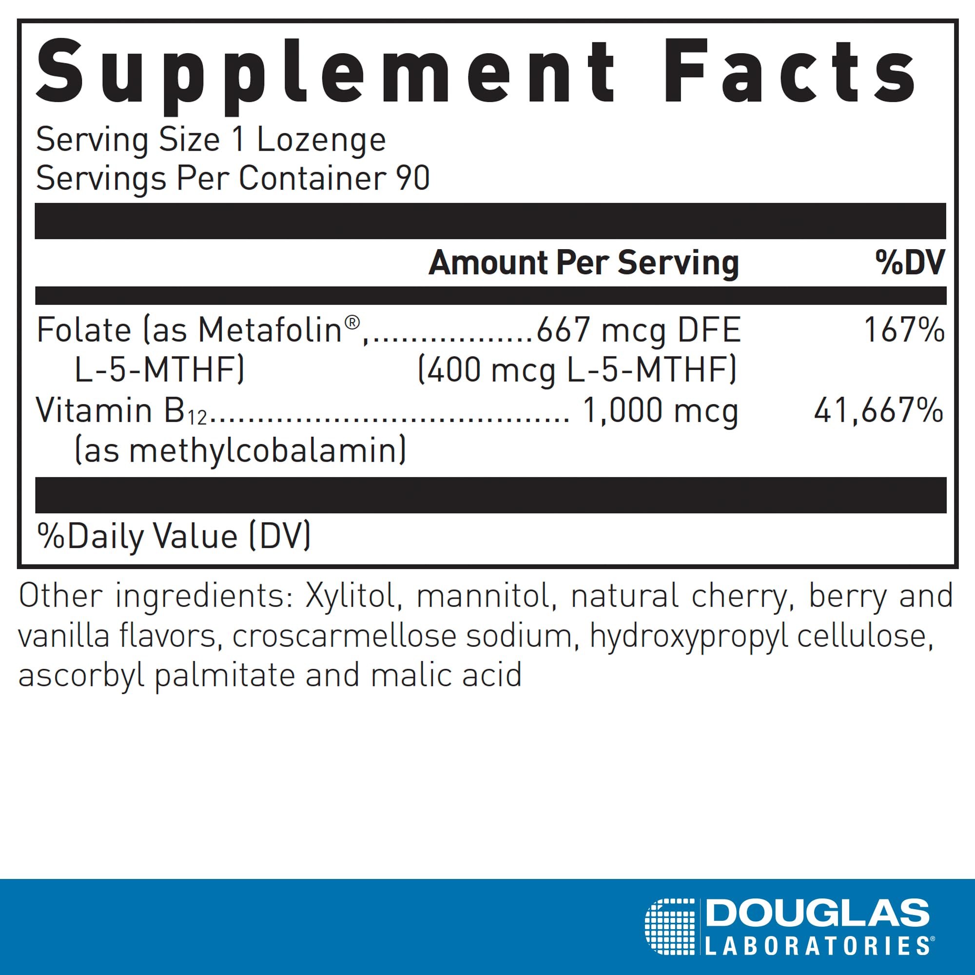 Douglas Laboratories Methyl B12 Plus: etiqueta clara y facilita revisión de ingredientes.