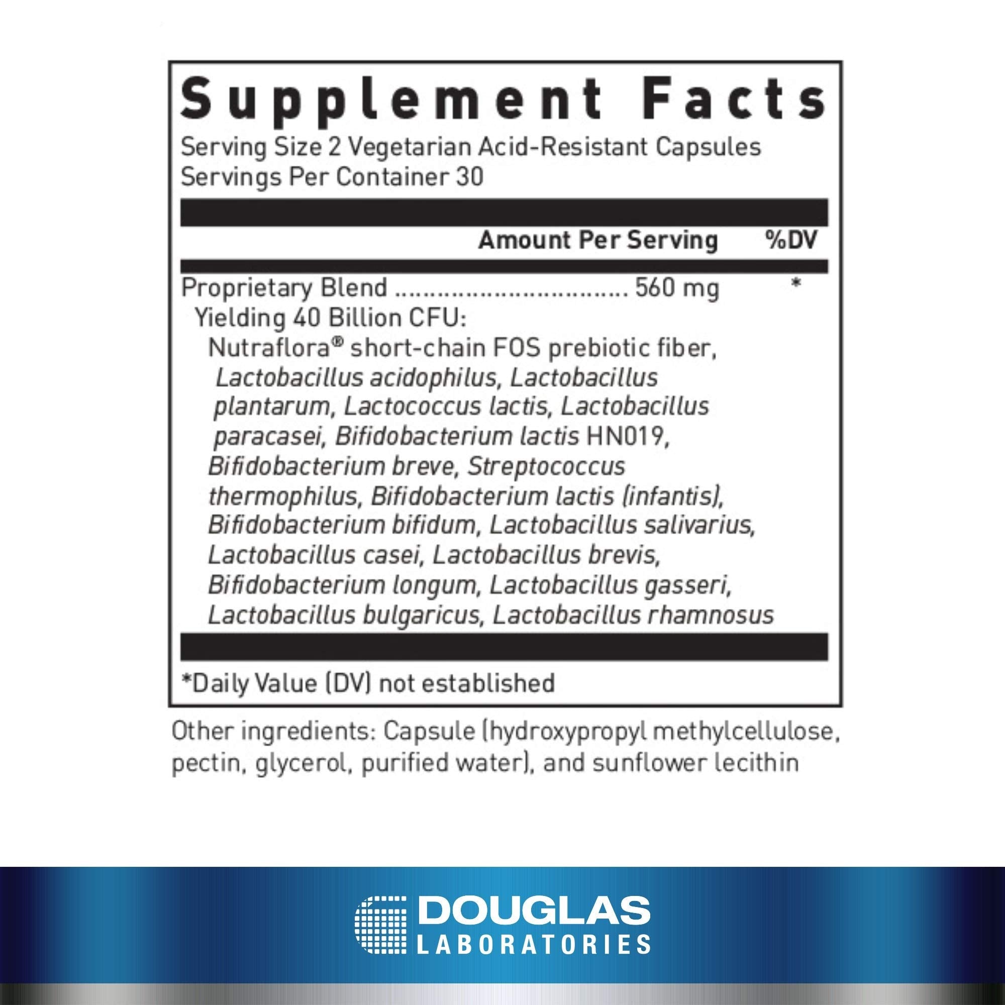 Douglas Laboratories Multi-Probiotic 40 Billion, etiqueta clara para identificar ingredientes y usos