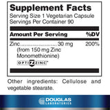 Douglas Laboratories Opti Zinc 30 mg, botella espalda, muestra información de calidad y composición