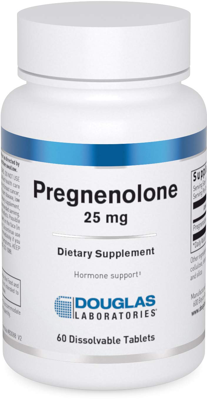 Douglas Laboratories Pregnenolona: botella de tabletas, posible apoyo hormonal para el día a día.