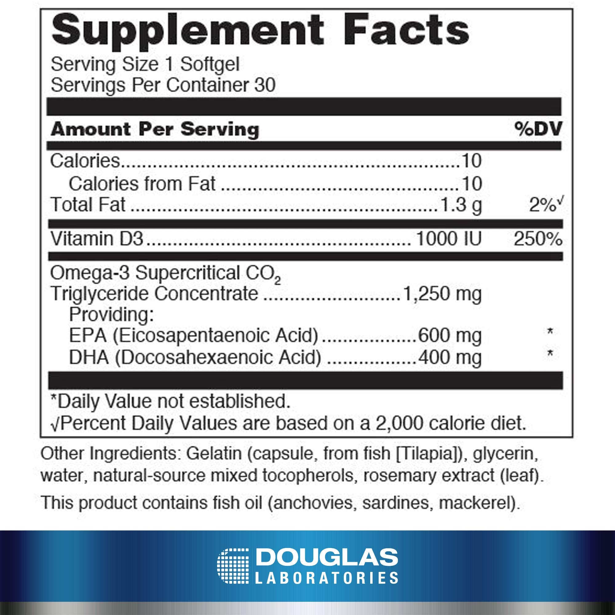 Quell de Douglas Laboratories, etiqueta nutricional con EPA/DHA y vitamina D3.