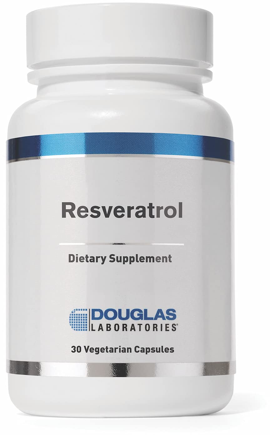 Douglas Laboratories Resveratrol: botella con cápsulas para apoyo antioxidante diario.