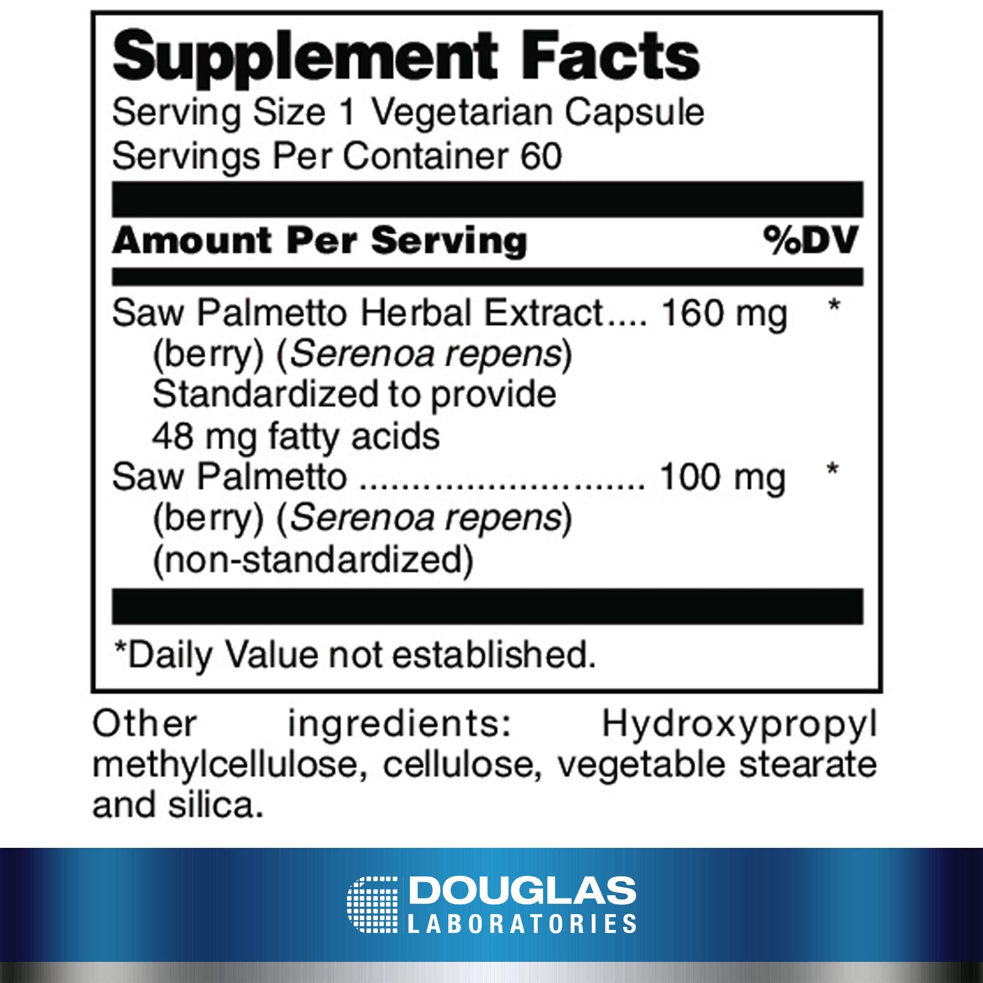 Etiqueta frontal de Douglas Laboratories Saw Palmetto Max-V para verificar pureza y origen del producto.