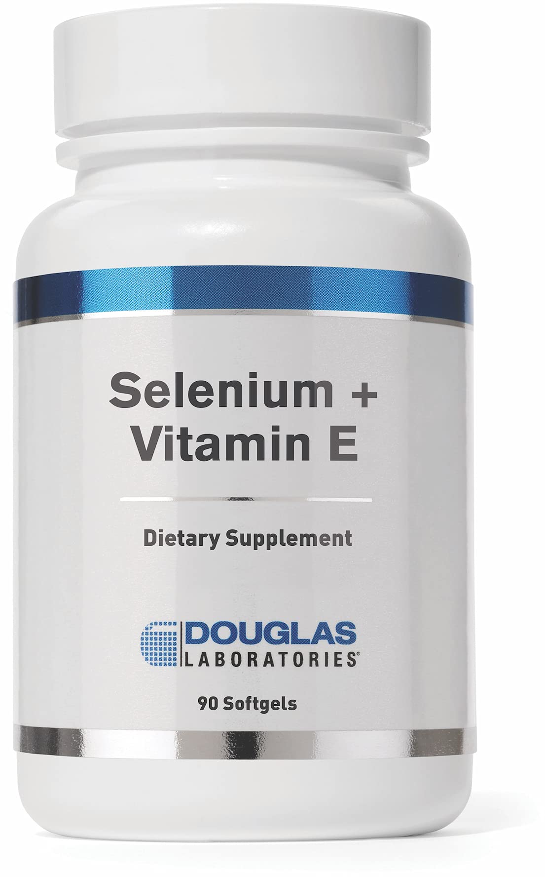 Douglas Laboratories Selenium + Vitamina E: botella con cápsulas suaves para uso diario.