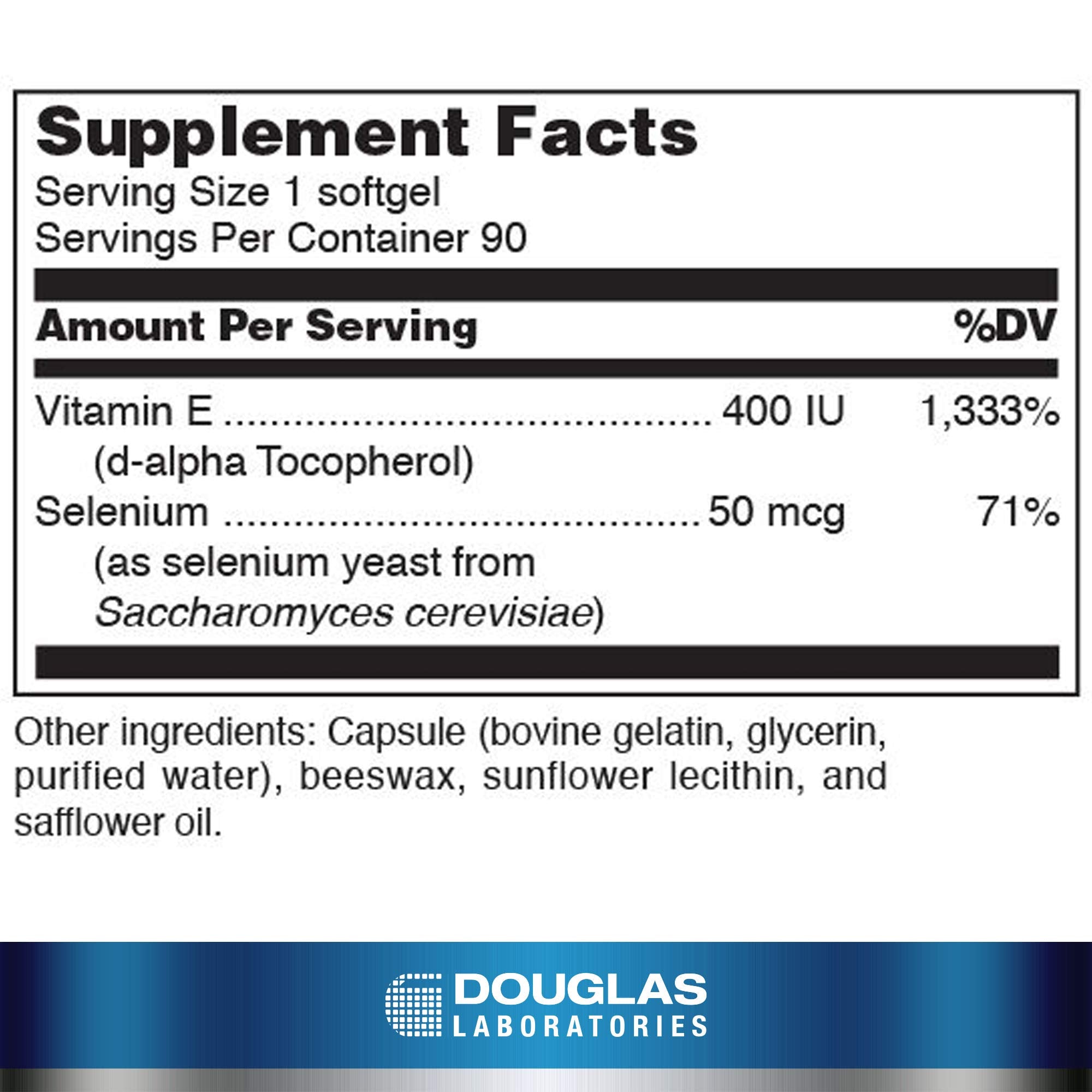 Douglas Laboratories Selenium + Vitamina E: etiqueta con dosis de 400 UI y 50 mcg.