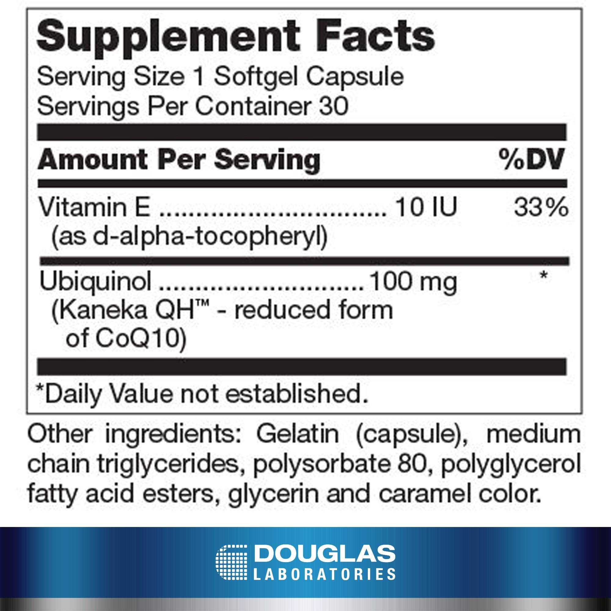 Etiqueta frontal de Ubiquinol-QH, Douglas Laboratories, calidad y trazabilidad.